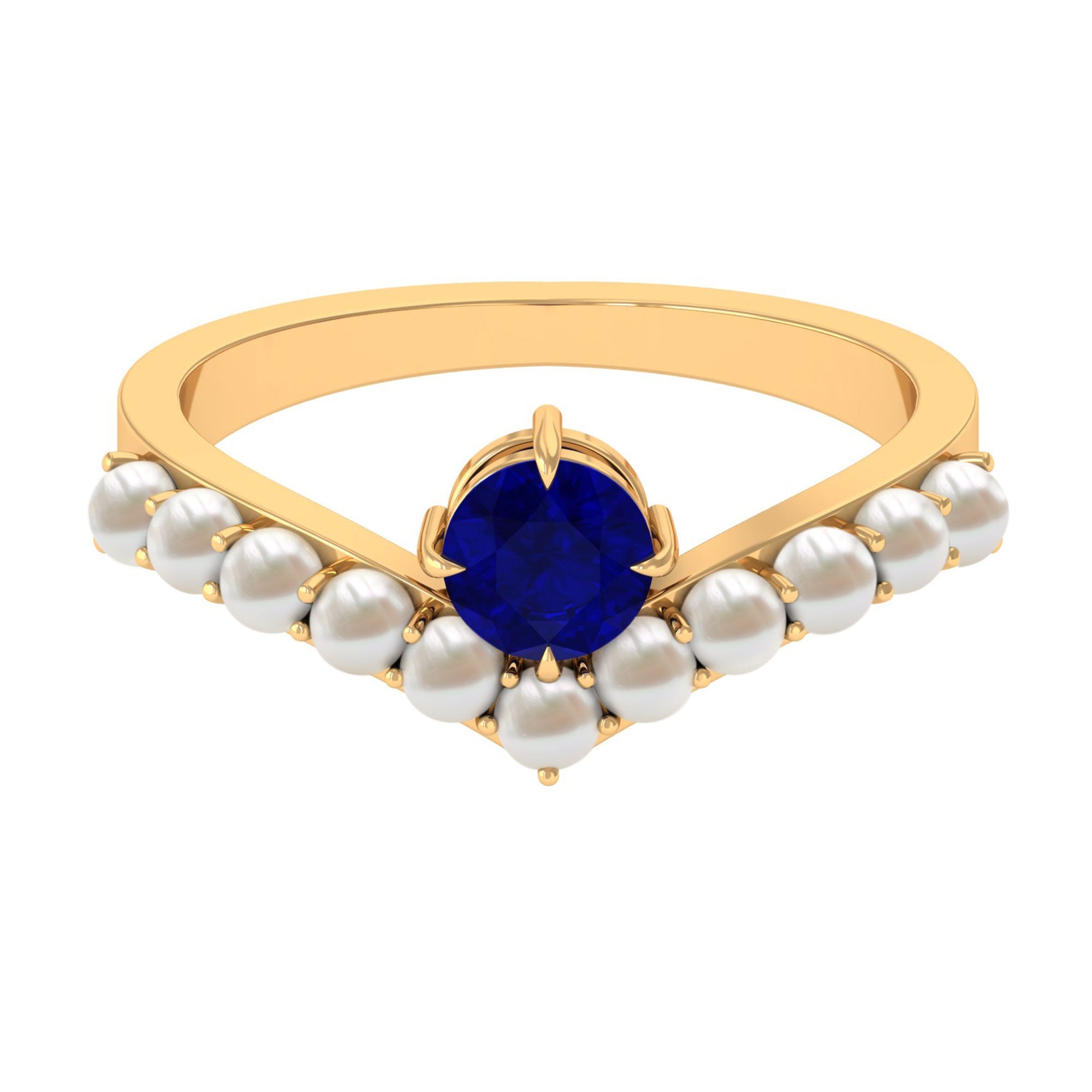 0.9 Carat Solitaire Blue Sapphire and Freshwater Pearl Chevron Ring