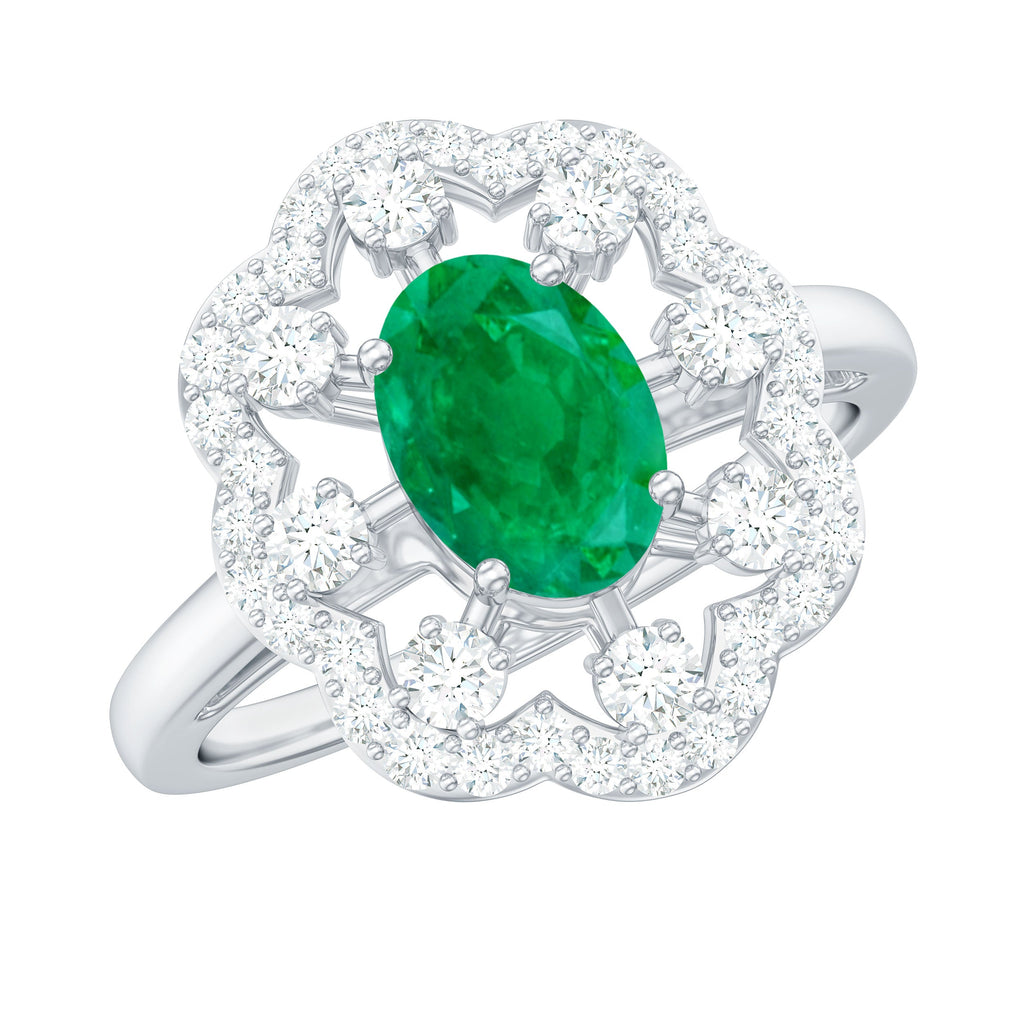 Oval Emerald Engagement Ring – Designer Flower Ring with Lab Grown Diamond Halo