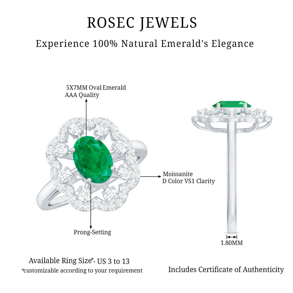 Oval Emerald Engagement Ring – Designer Flower Ring with Lab Grown Diamond Halo