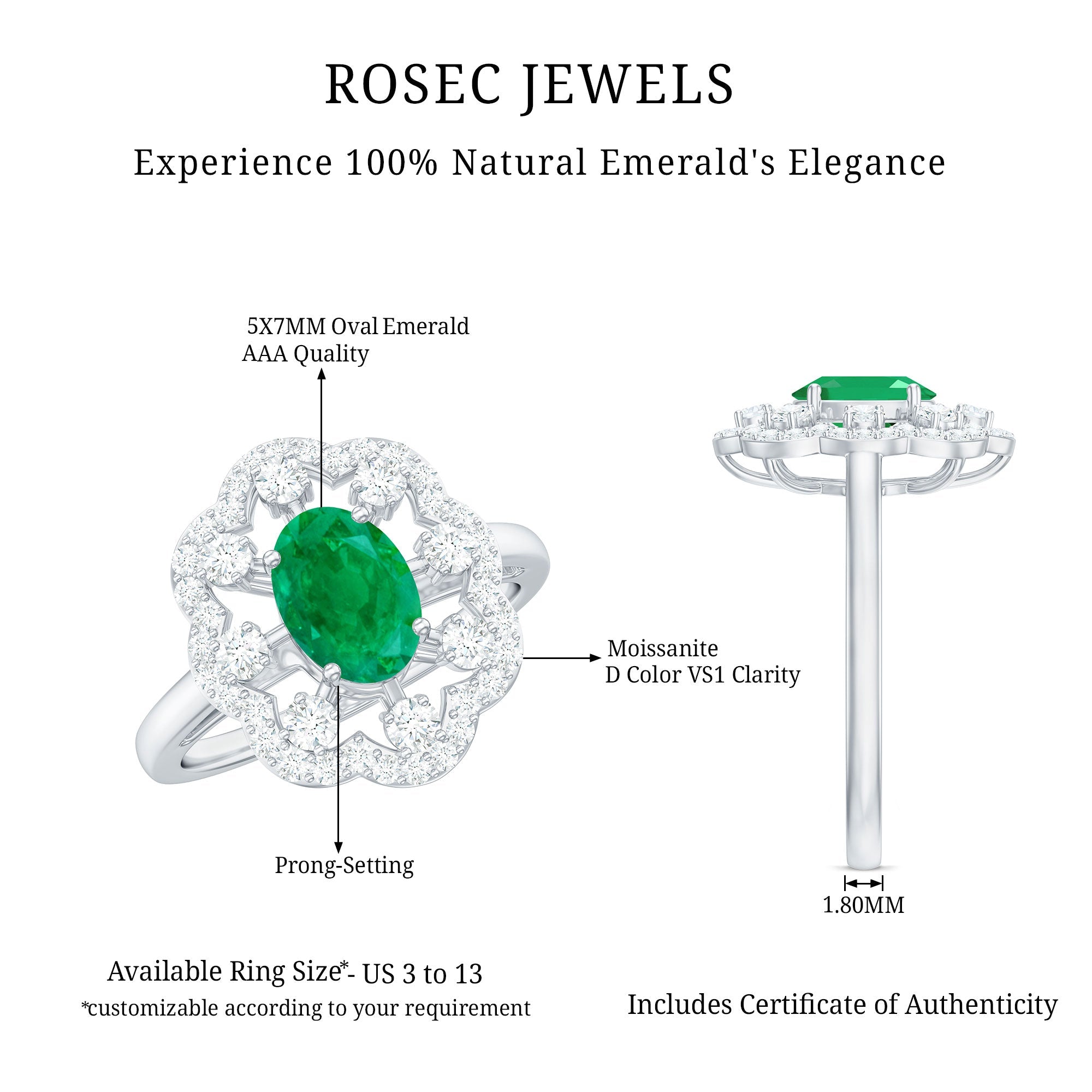 Oval Emerald Engagement Ring – Designer Flower Ring with Lab Grown Diamond Halo