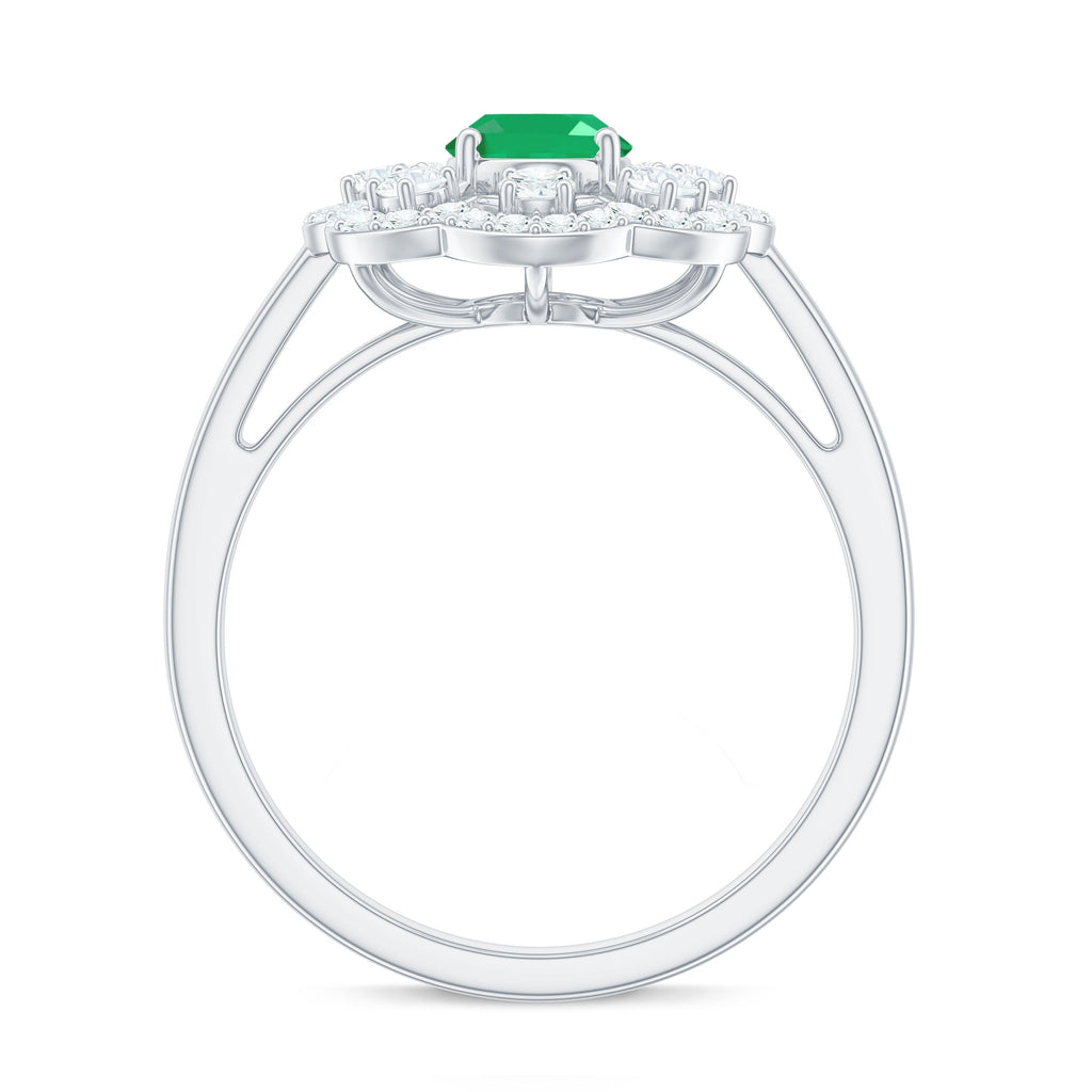 Oval Emerald Engagement Ring – Designer Flower Ring with Lab Grown Diamond Halo