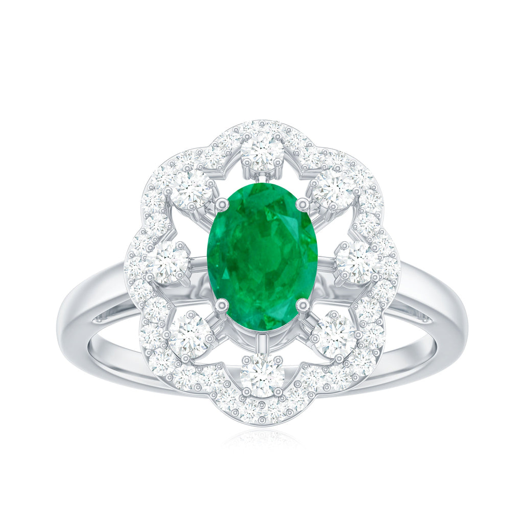 Oval Emerald Engagement Ring – Designer Flower Ring with Lab Grown Diamond Halo