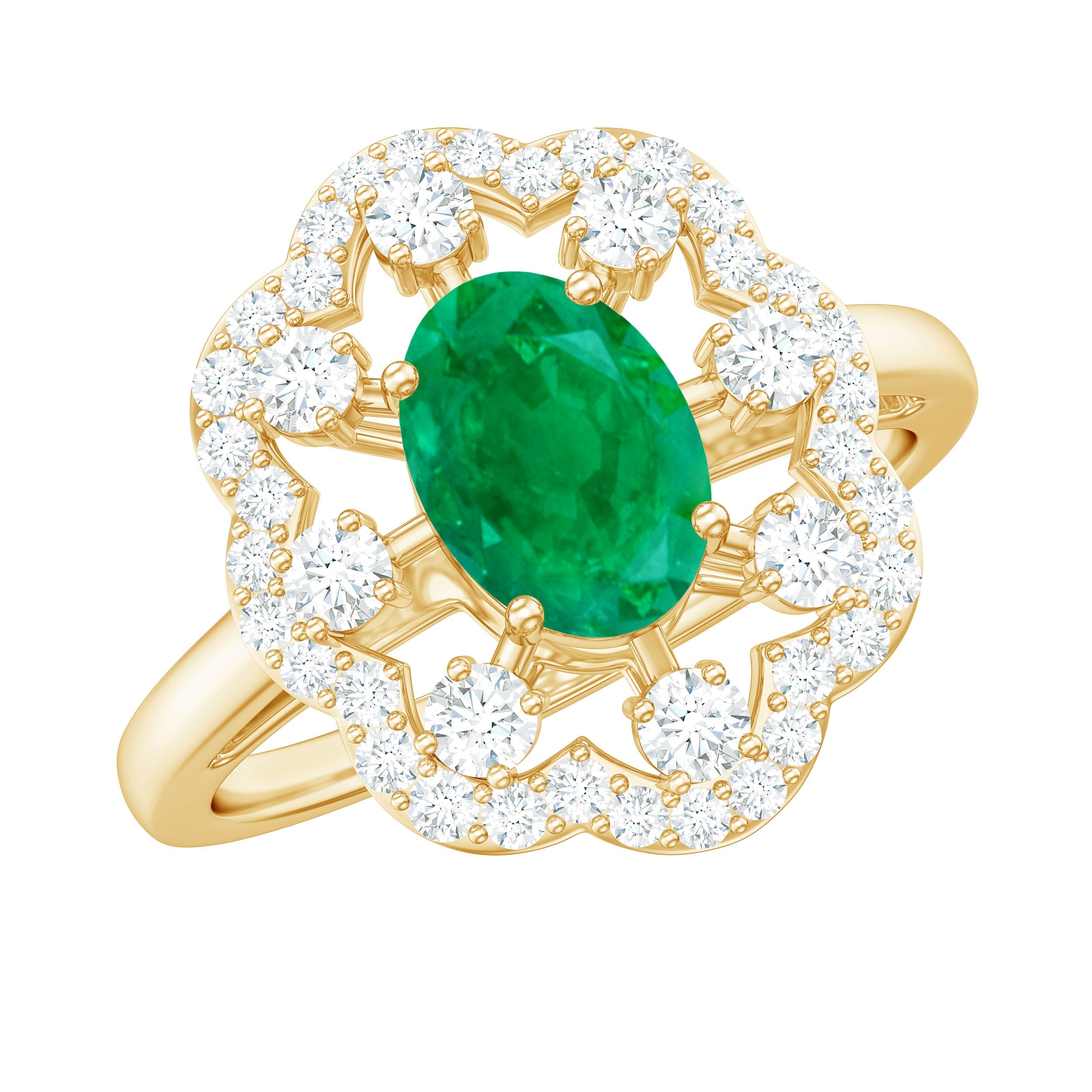 Oval Emerald Engagement Ring – Designer Flower Ring with Lab Grown Diamond Halo