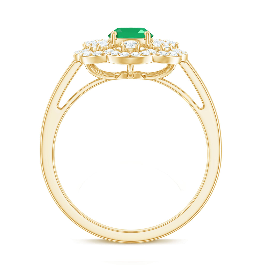 Oval Emerald Engagement Ring – Designer Flower Ring with Lab Grown Diamond Halo