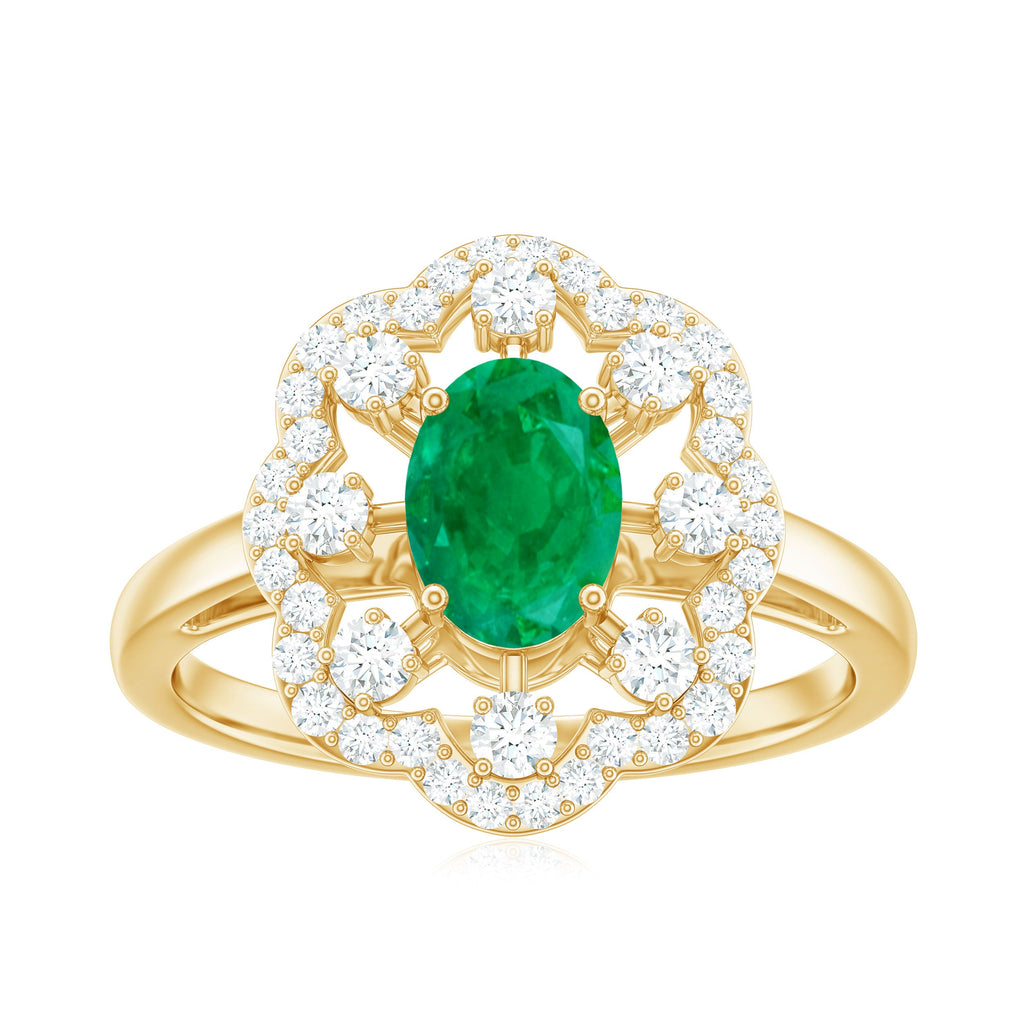 Oval Emerald Engagement Ring – Designer Flower Ring with Lab Grown Diamond Halo