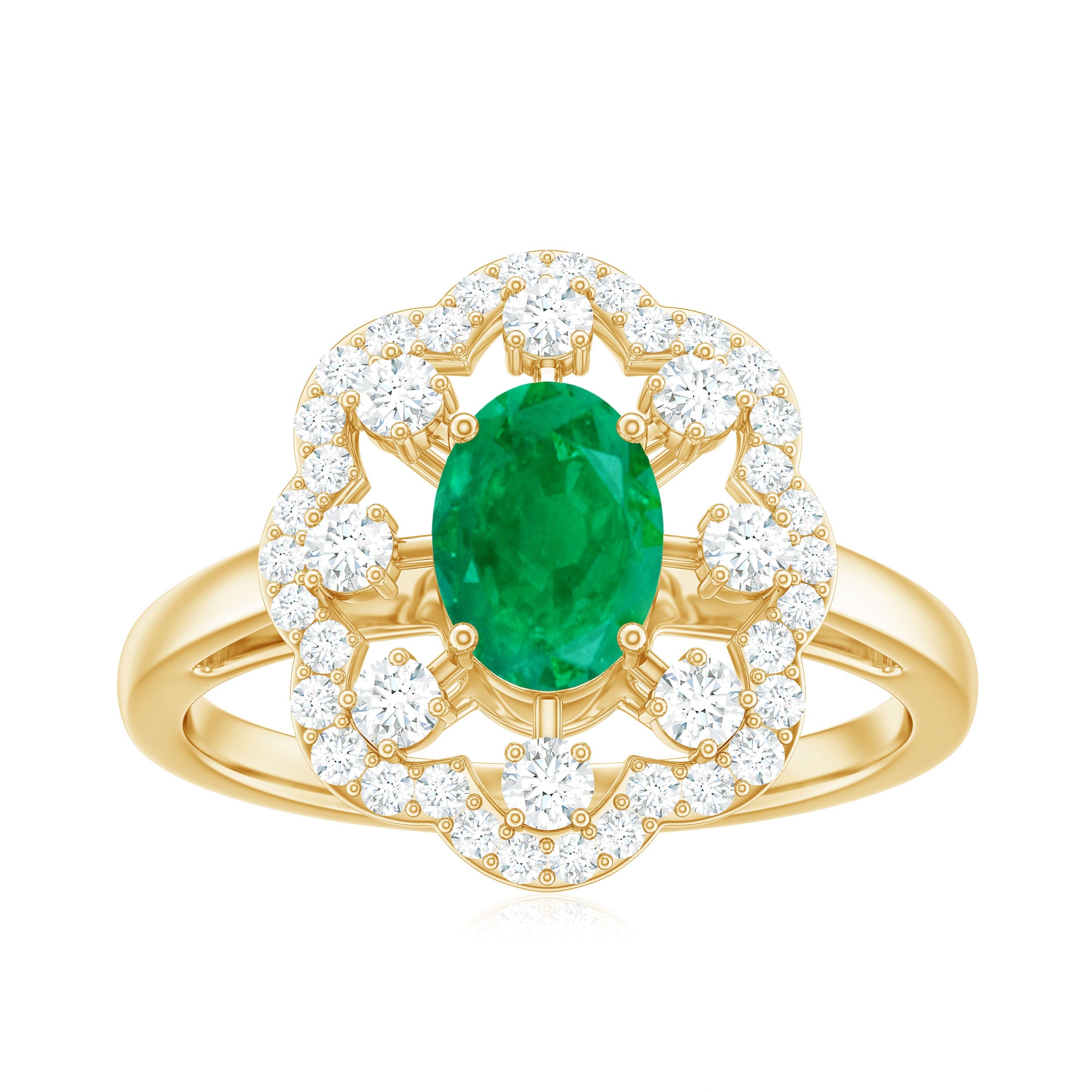 Oval Emerald Engagement Ring – Designer Flower Ring with Lab Grown Diamond Halo