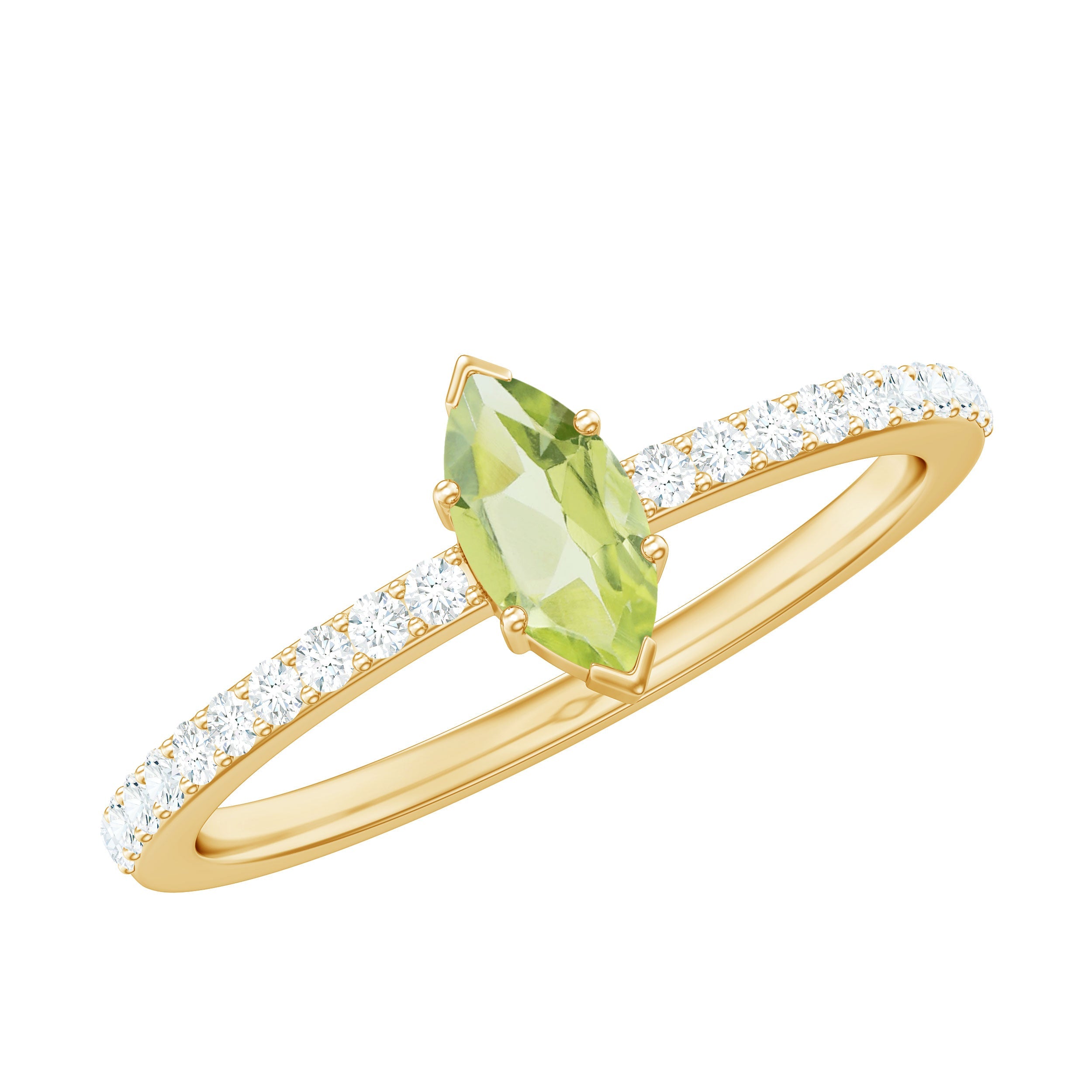 Peridot Promise Ring – Marquise Cut Green Gemstone Ring with Diamond Accent
