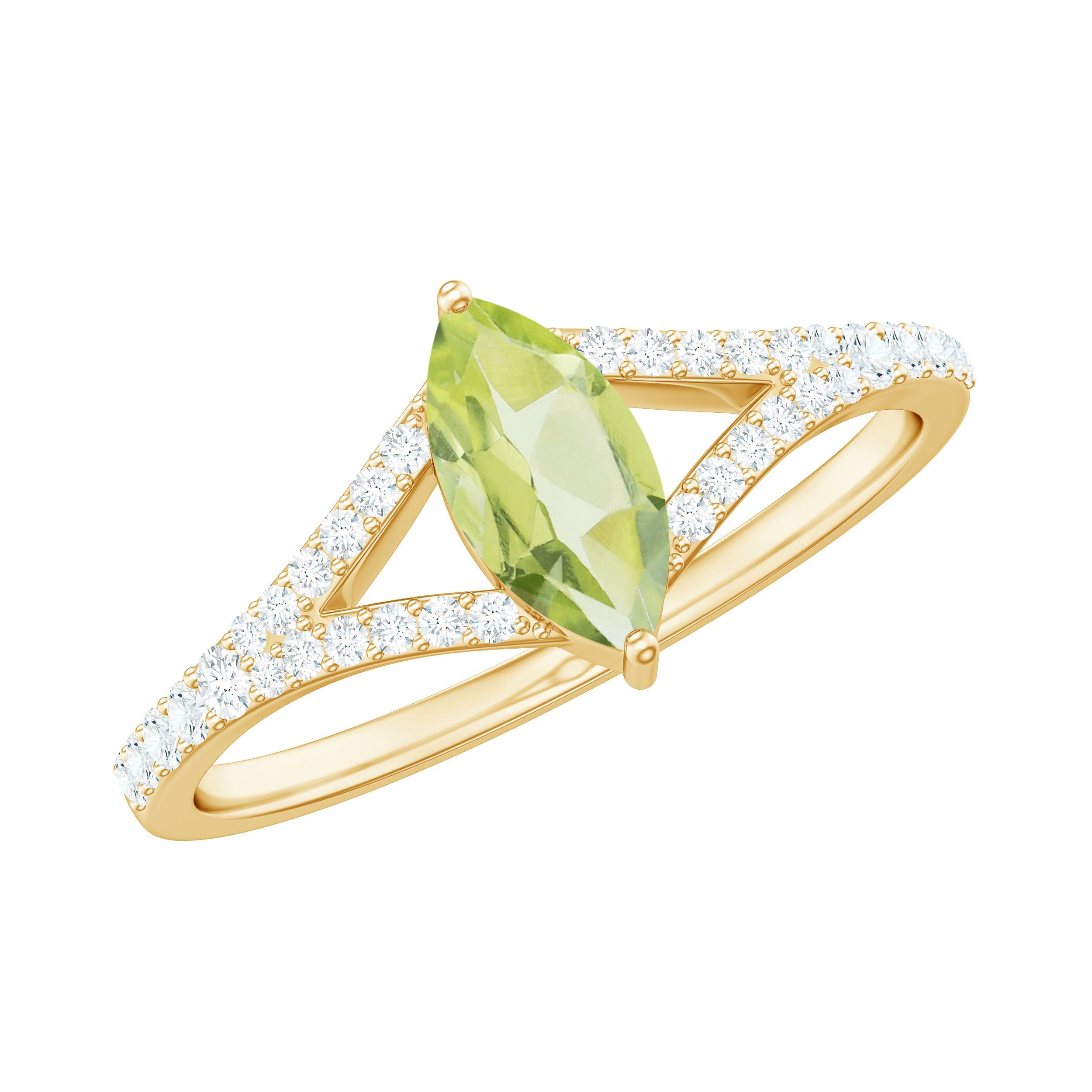 Peridot Promise Ring – Natural Marquise Shape Ring with Diamond Split Shank Design