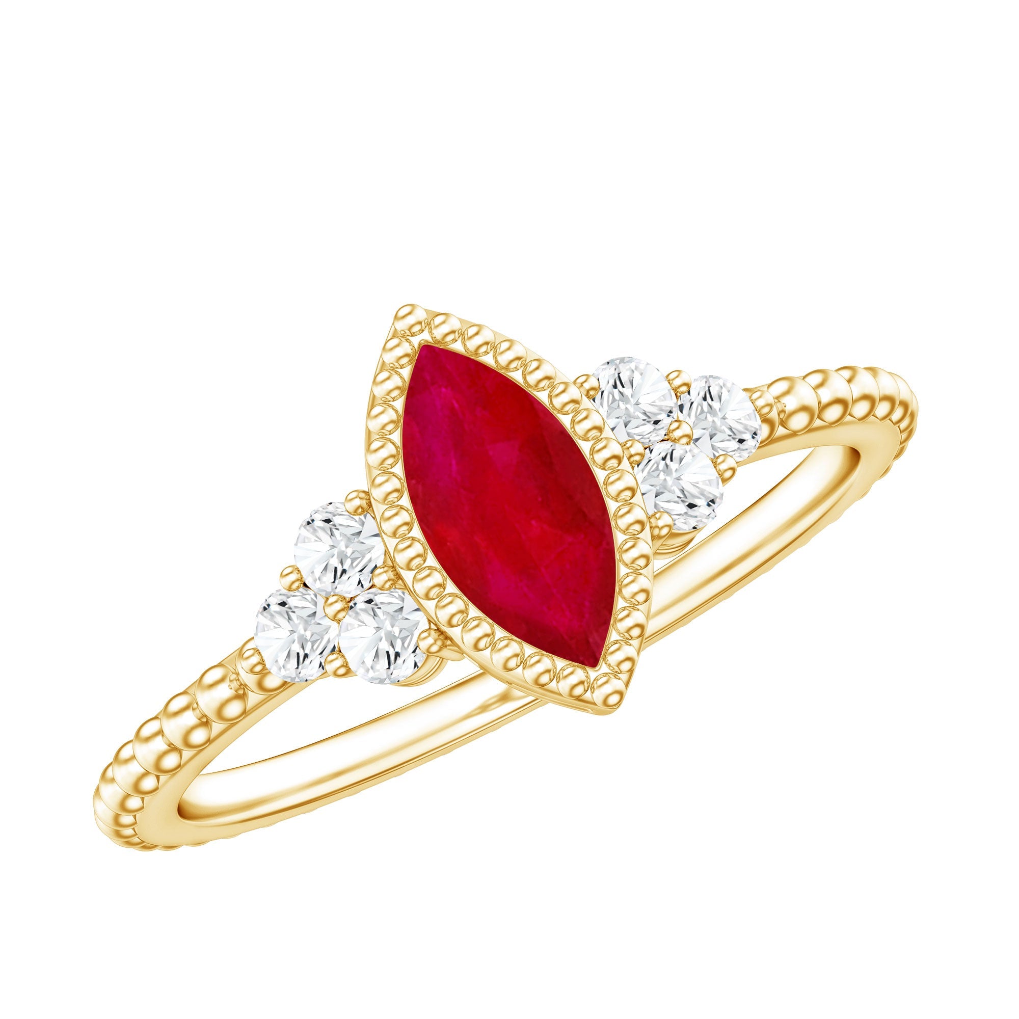 Vintage Ruby Engagement Ring – Marquise Ruby Ring With Diamond Trio Bezel Setting