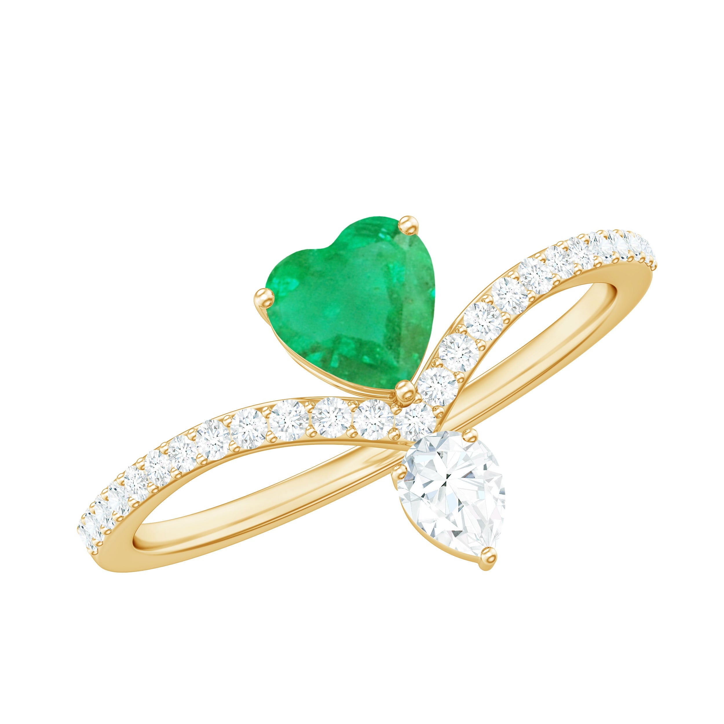 Emerald Heart Engagement Ring – Designer V Shaped Band with Diamond Sparkle