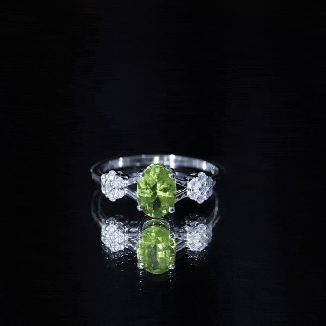 Peridot Engagement Ring - 1 Carat Oval Cut Peridot with Diamond Flower Pattern