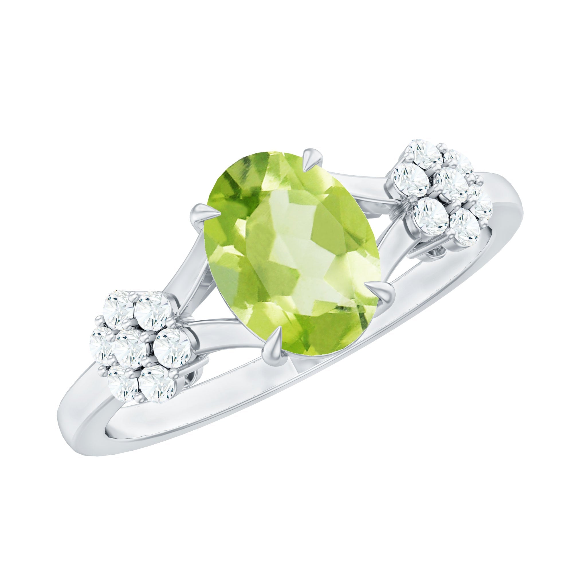 Peridot Engagement Ring - 1 Carat Oval Cut Peridot with Diamond Flower Pattern