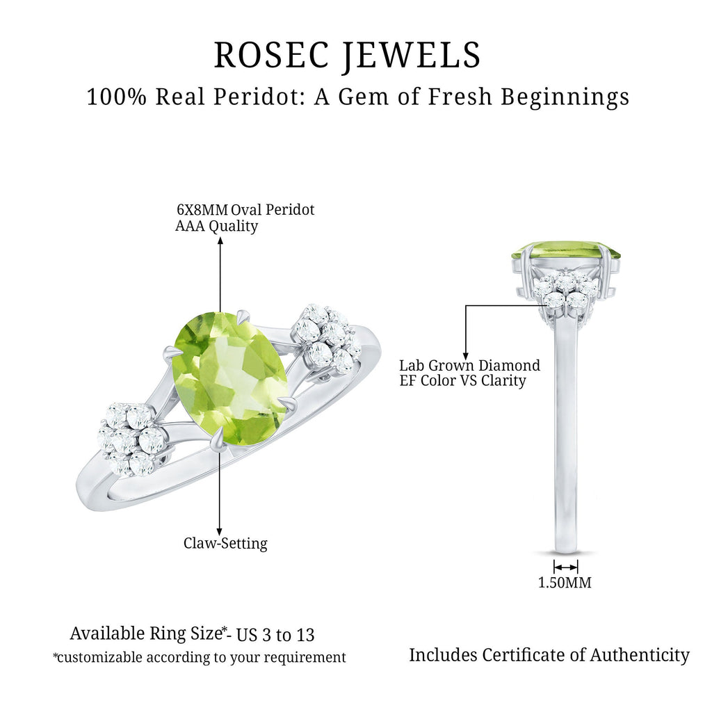 Peridot Engagement Ring - 1 Carat Oval Cut Peridot with Diamond Flower Pattern