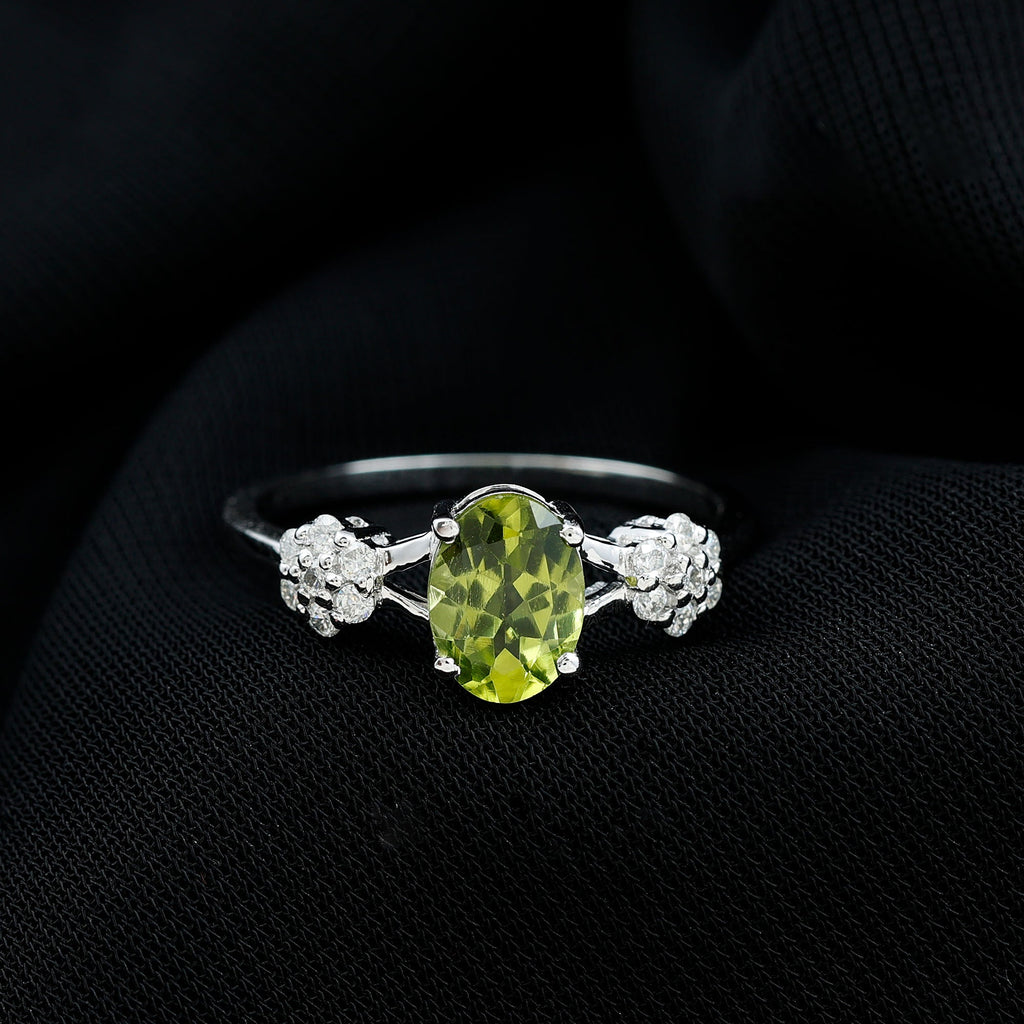 Peridot Engagement Ring - 1 Carat Oval Cut Peridot with Diamond Flower Pattern