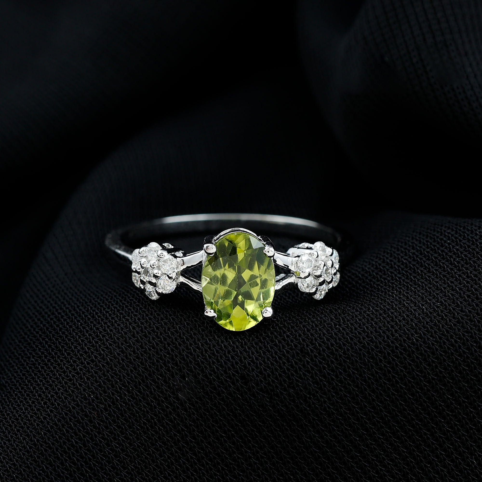 Peridot Engagement Ring - 1 Carat Oval Cut Peridot with Diamond Flower Pattern