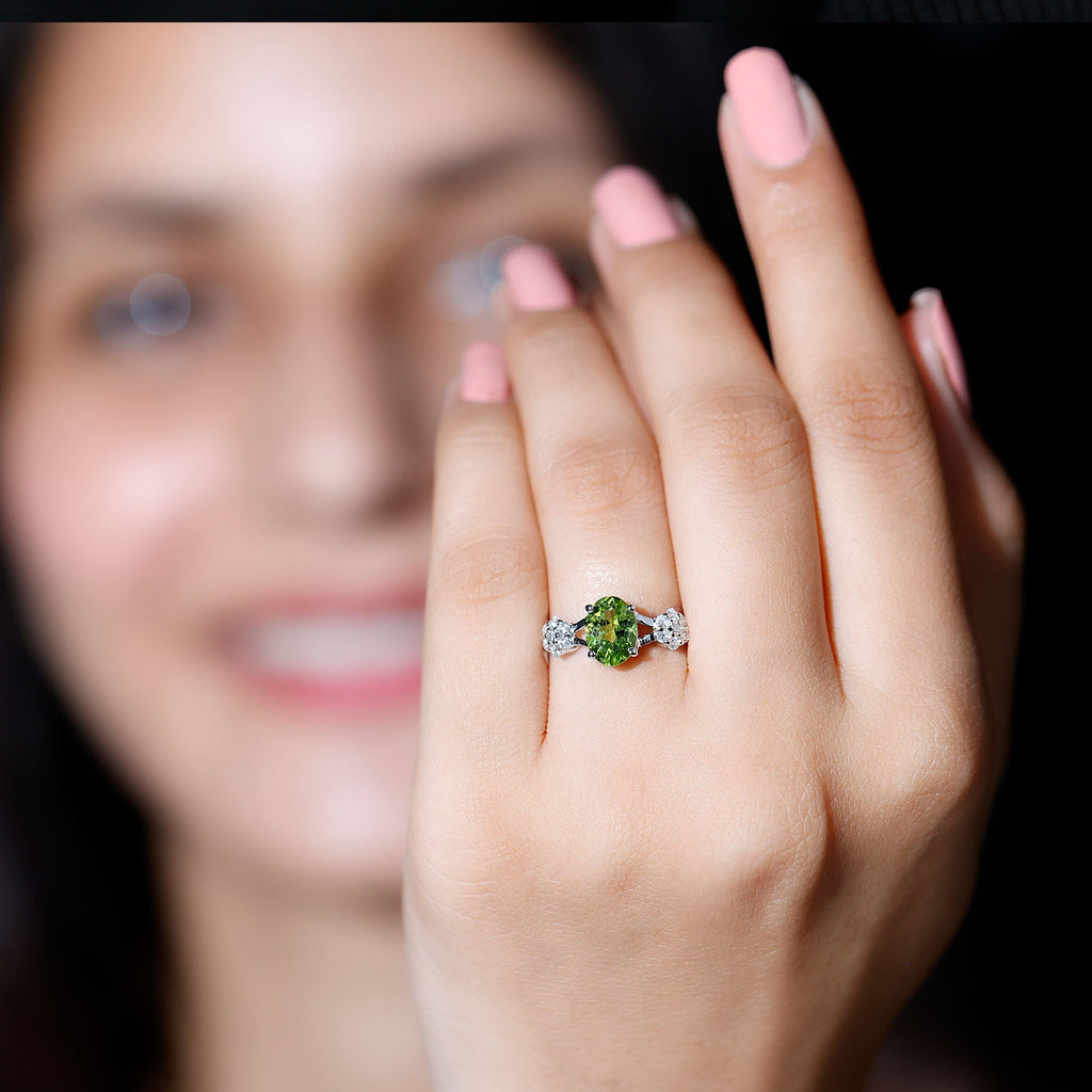 Peridot Engagement Ring - 1 Carat Oval Cut Peridot with Diamond Flower Pattern