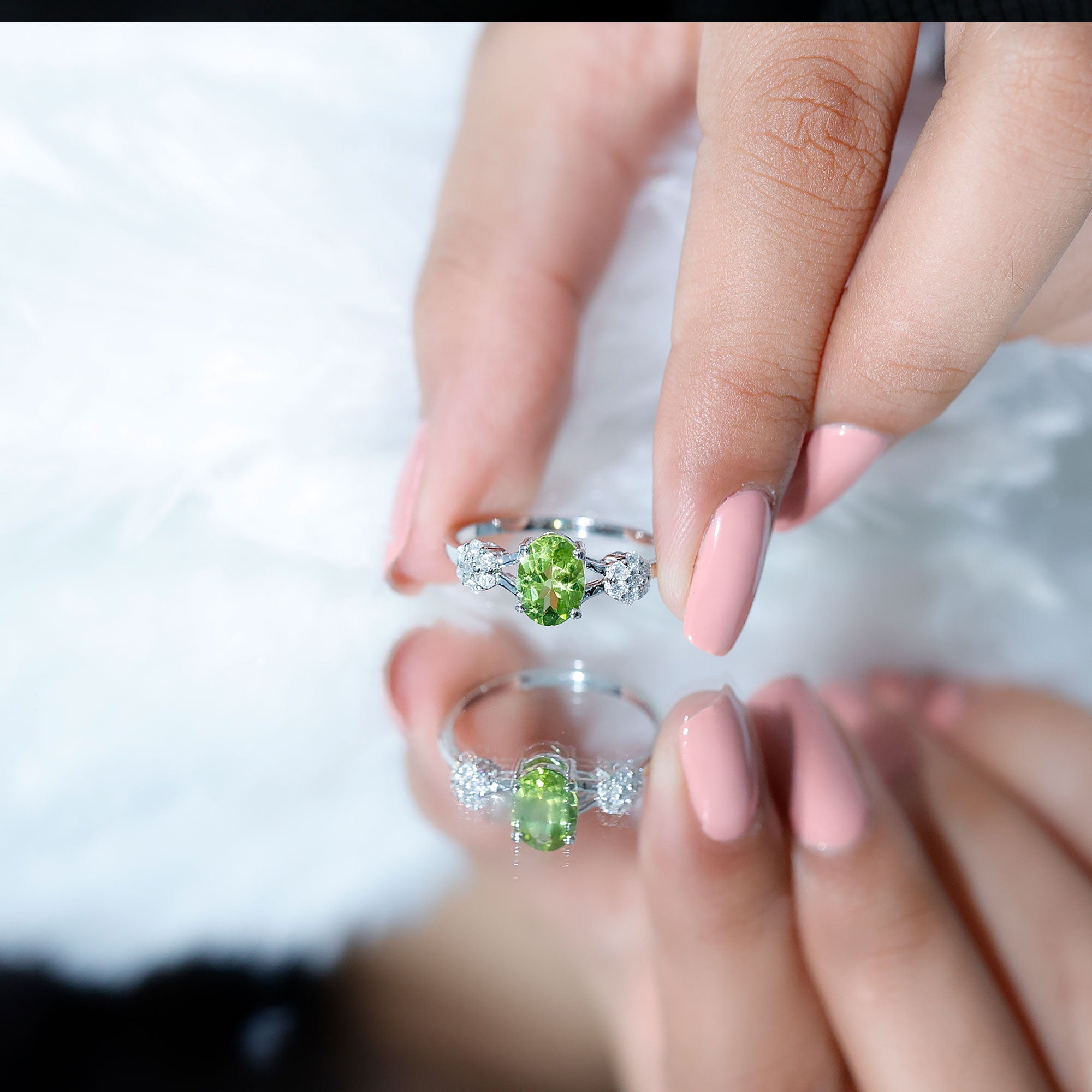 Peridot Engagement Ring - 1 Carat Oval Cut Peridot with Diamond Flower Pattern