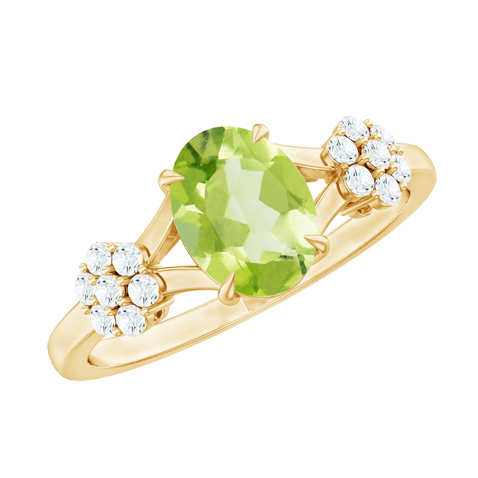 Peridot Engagement Ring - 1 Carat Oval Cut Peridot with Diamond Flower Pattern