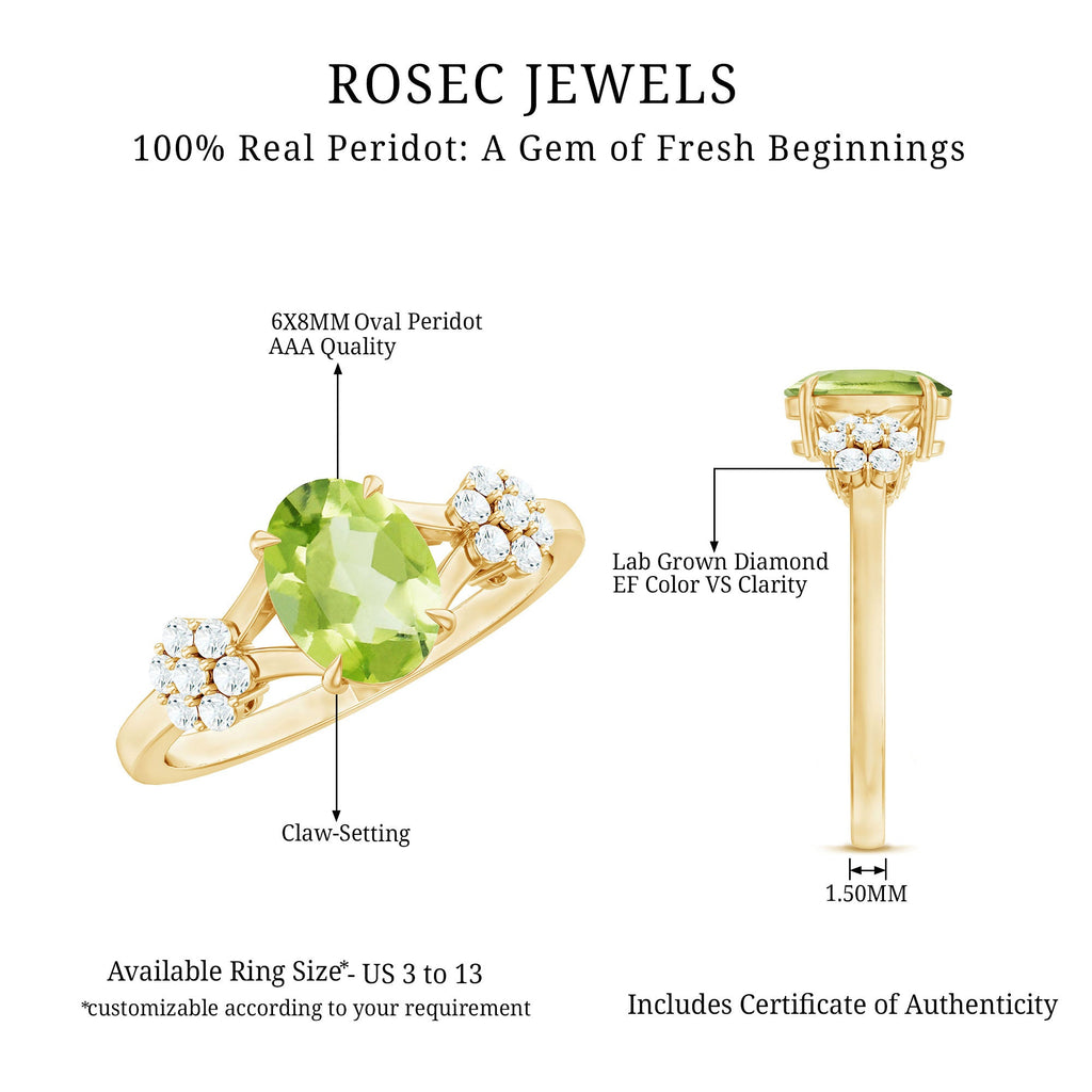 Peridot Engagement Ring - 1 Carat Oval Cut Peridot with Diamond Flower Pattern