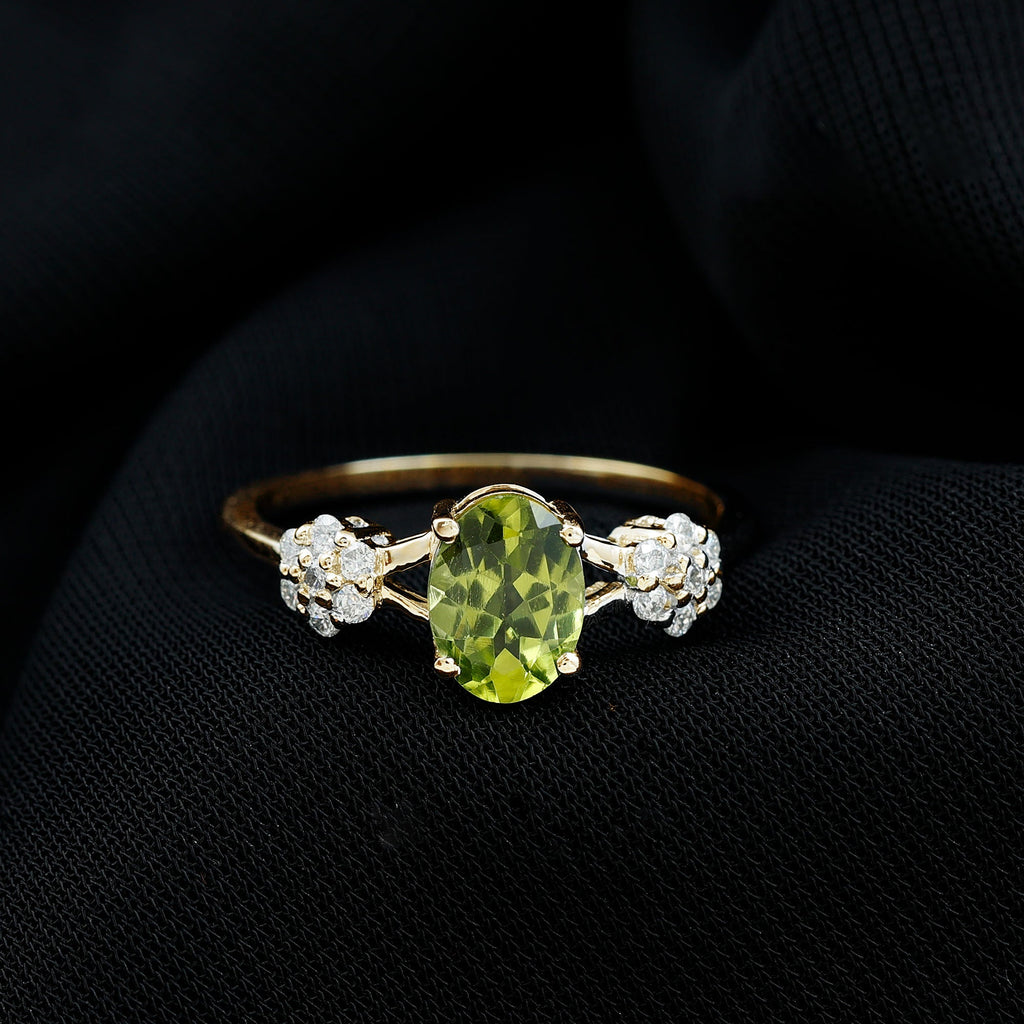 Peridot Engagement Ring - 1 Carat Oval Cut Peridot with Diamond Flower Pattern
