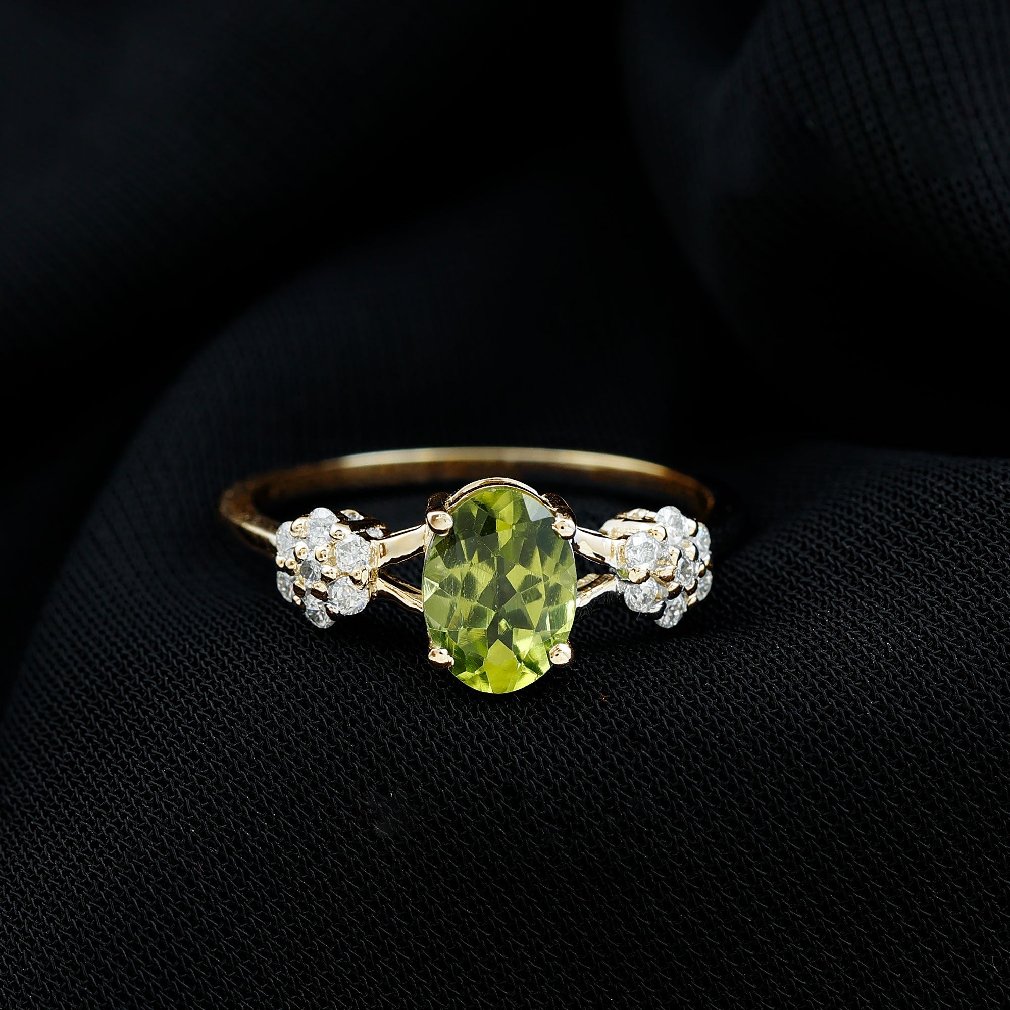 Peridot Engagement Ring - 1 Carat Oval Cut Peridot with Diamond Flower Pattern