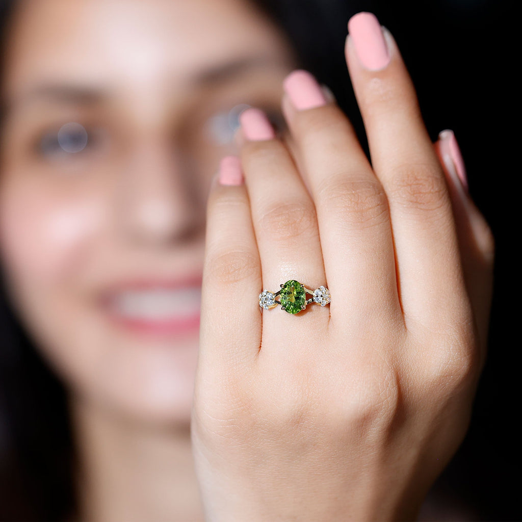 Peridot Engagement Ring - 1 Carat Oval Cut Peridot with Diamond Flower Pattern