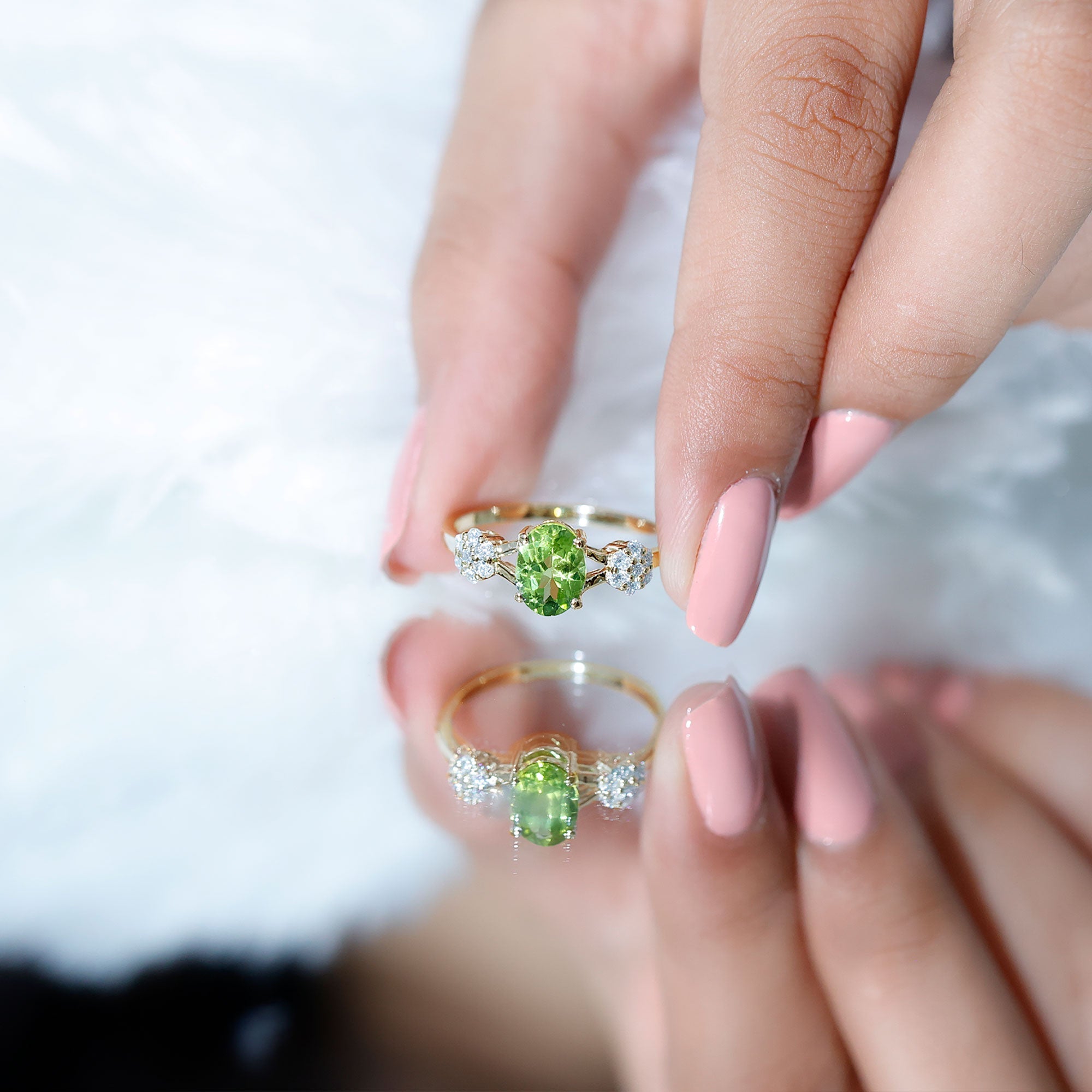 Peridot Engagement Ring - 1 Carat Oval Cut Peridot with Diamond Flower Pattern