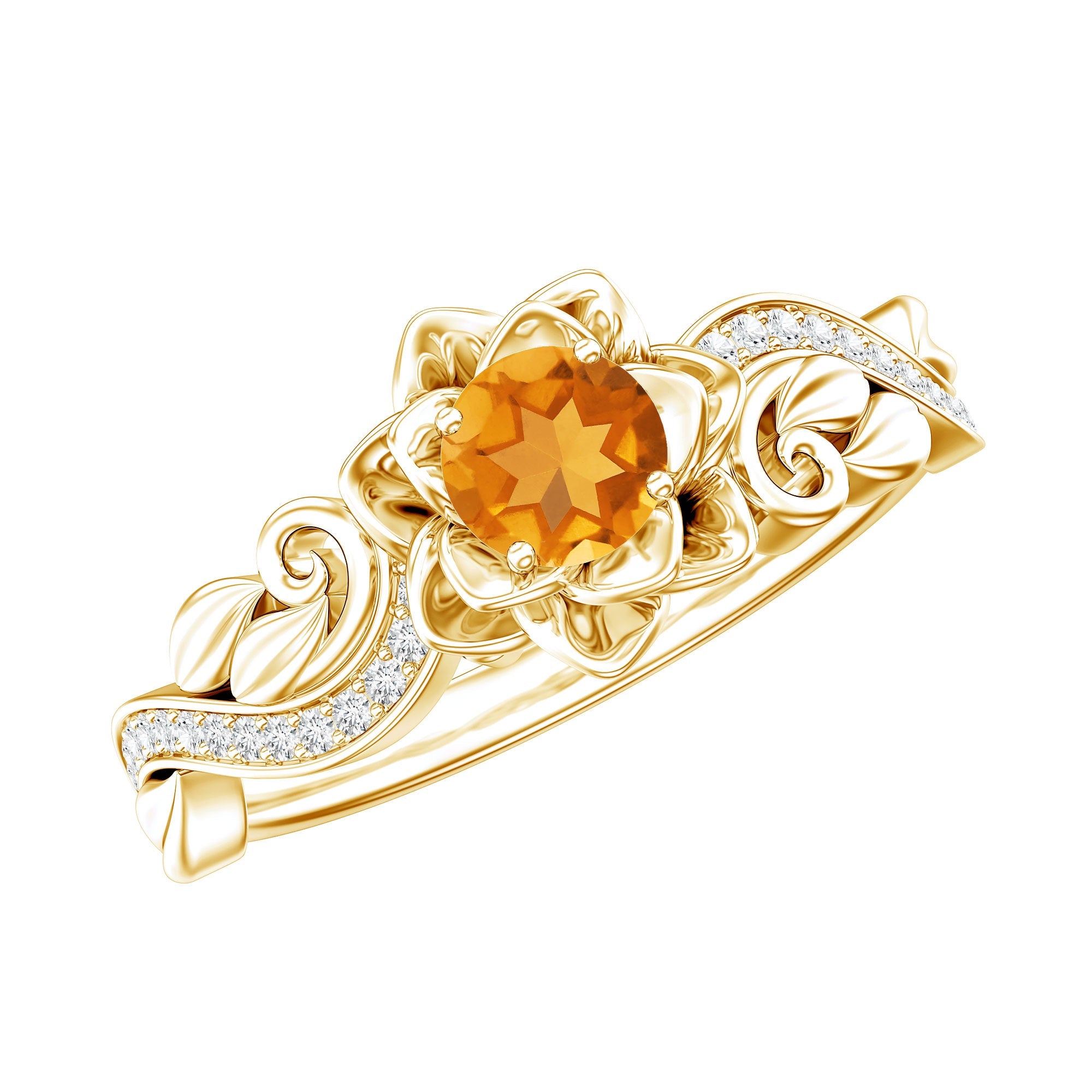 Citrine Rose Engagement Ring – Floral Sterling Silver Ring with Lab Grown Diamonds