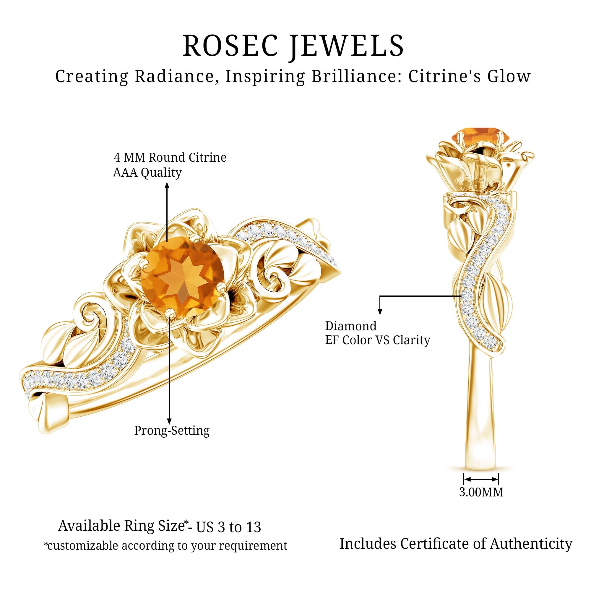Citrine Rose Engagement Ring – Floral Sterling Silver Ring with Lab Grown Diamonds