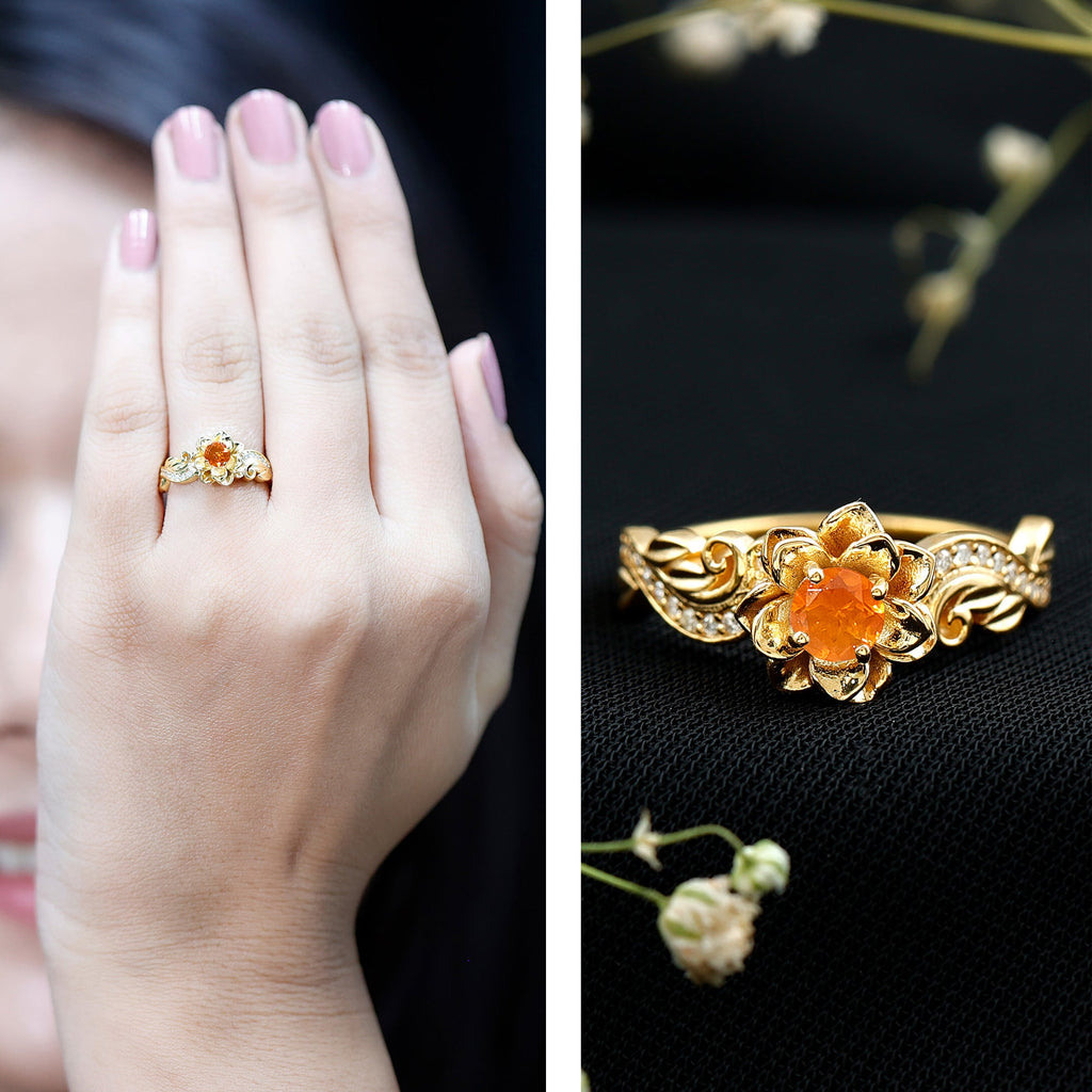 Citrine Rose Engagement Ring – Floral Sterling Silver Ring with Lab Grown Diamonds