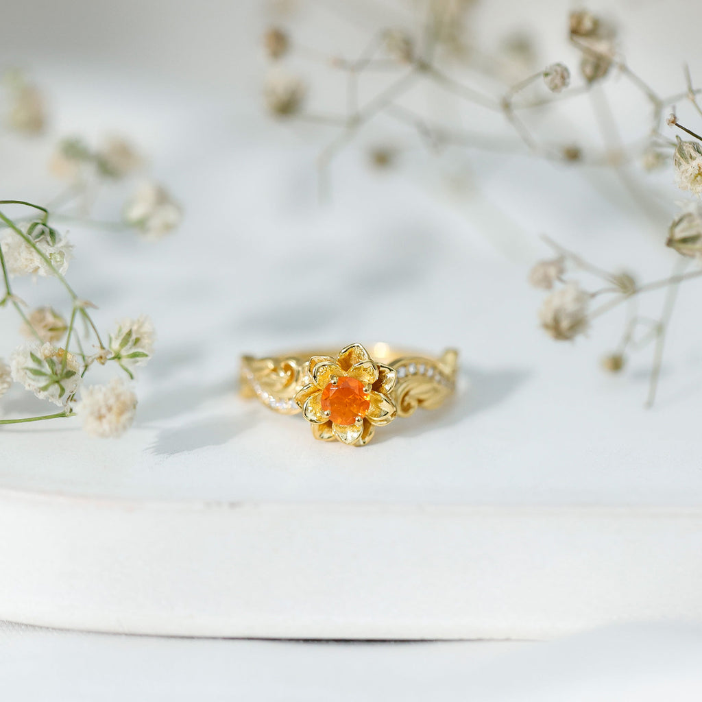 Citrine Rose Engagement Ring – Floral Sterling Silver Ring with Lab Grown Diamonds