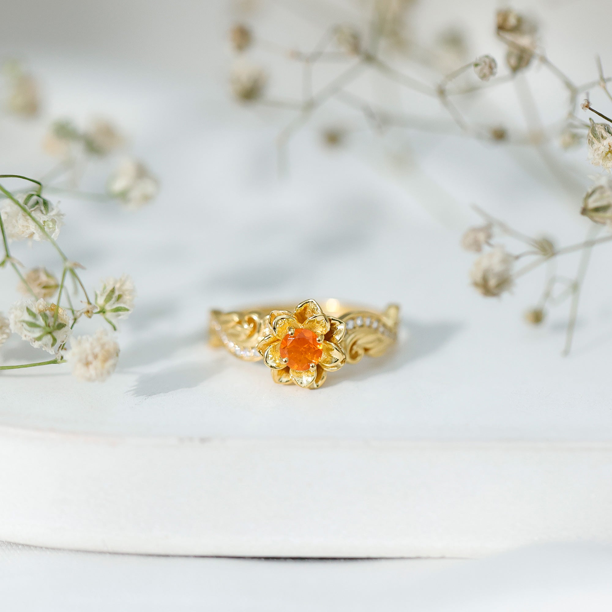 Citrine Rose Engagement Ring – Floral Sterling Silver Ring with Lab Grown Diamonds