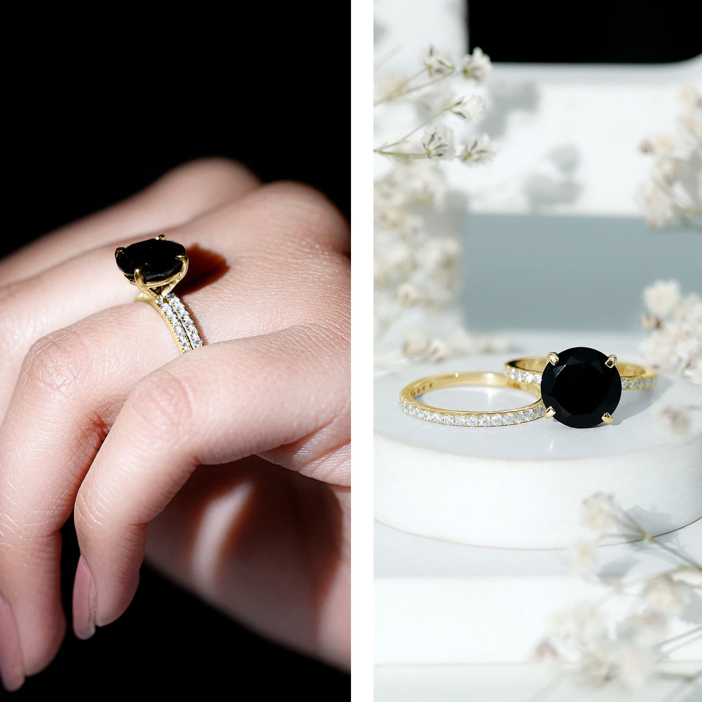 Certified 4.5 Carat Lab Grown Black and White Diamond Wedding Ring Set in Gold Plated Silver