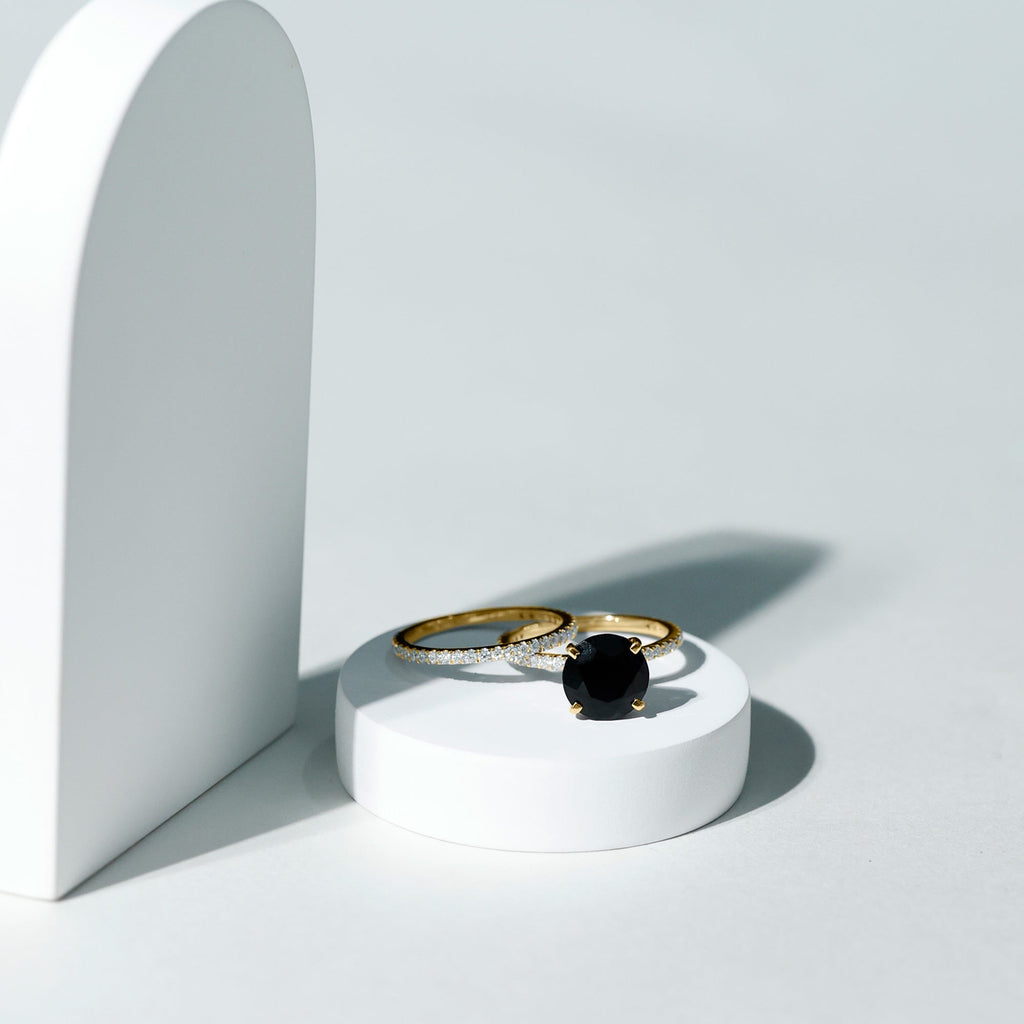 Certified 4.5 Carat Lab Grown Black and White Diamond Wedding Ring Set in Gold Plated Silver