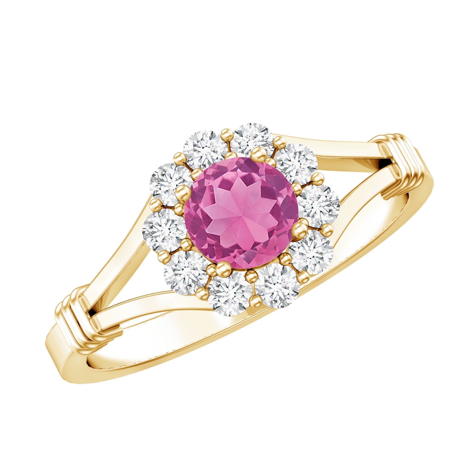 Pink Tourmaline Engagement Ring – Diamond Halo, Split Shank, 5mm AAA Gemstone Band