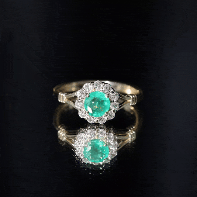 Emerald Engagement Ring - Nature Inspired Botanical Ring with Diamond Halo Setting