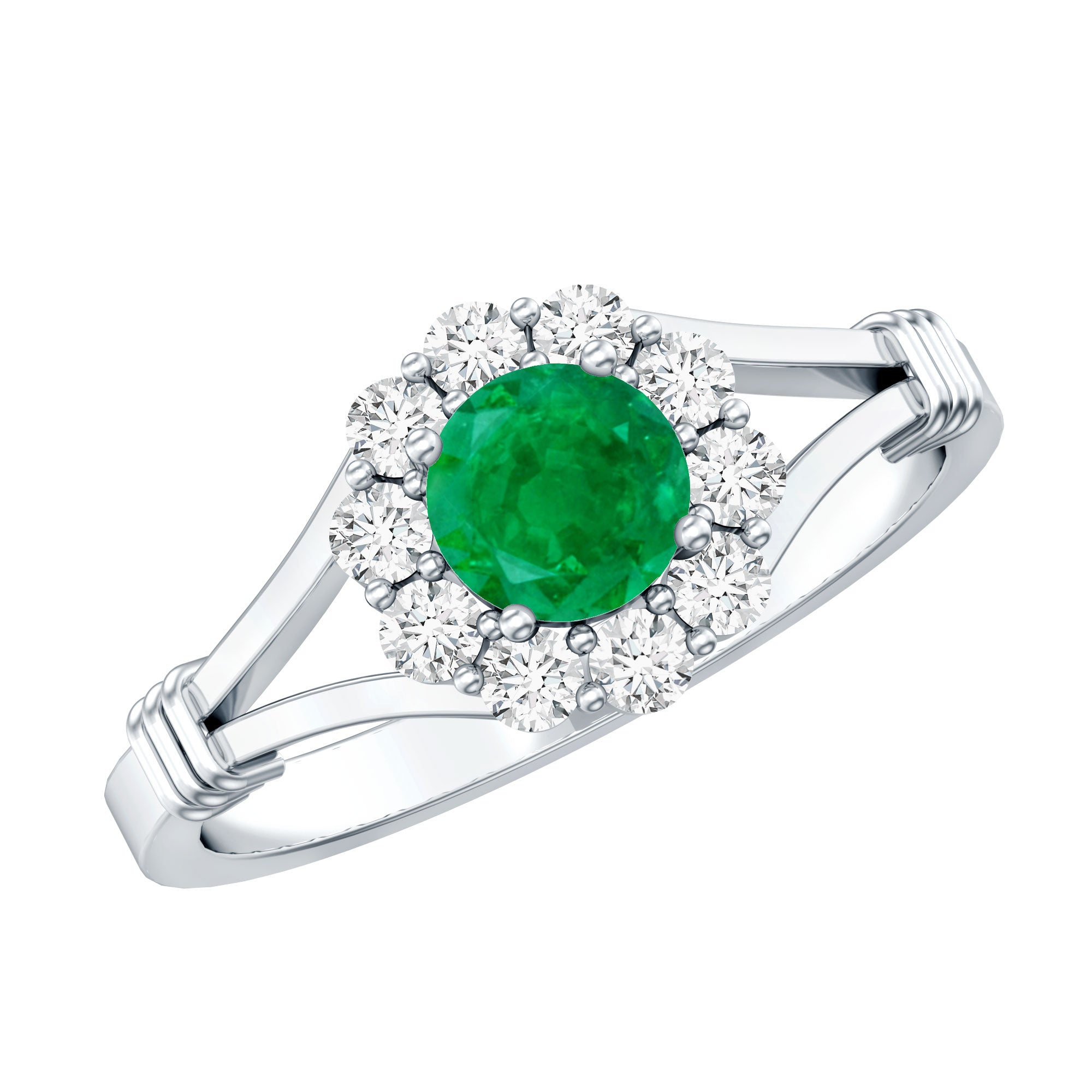 Emerald Engagement Ring - Nature Inspired Botanical Ring with Diamond Halo Setting