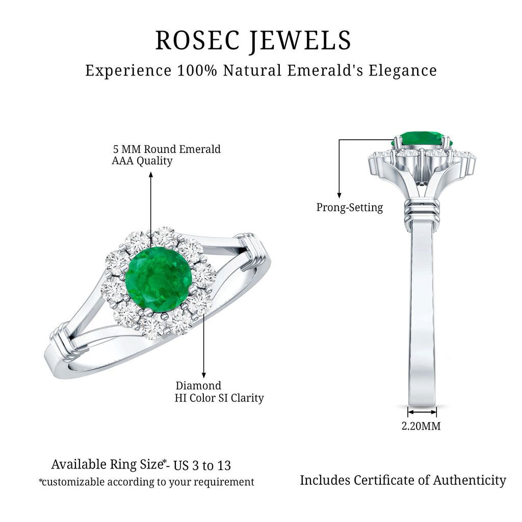 Emerald Engagement Ring - Nature Inspired Botanical Ring with Diamond Halo Setting