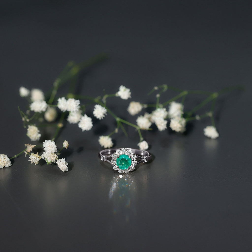 Emerald Engagement Ring - Nature Inspired Botanical Ring with Diamond Halo Setting