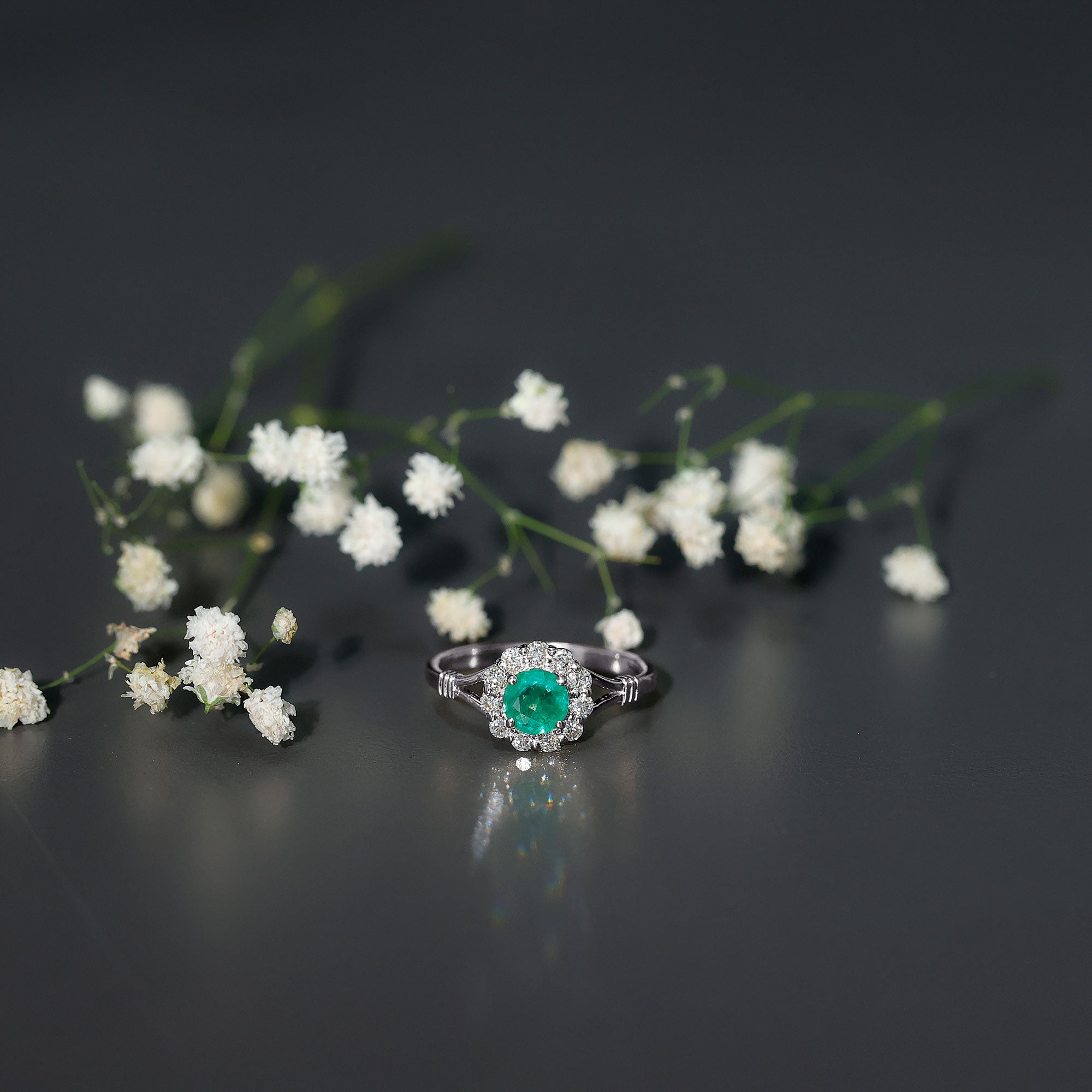 Emerald Engagement Ring - Nature Inspired Botanical Ring with Diamond Halo Setting