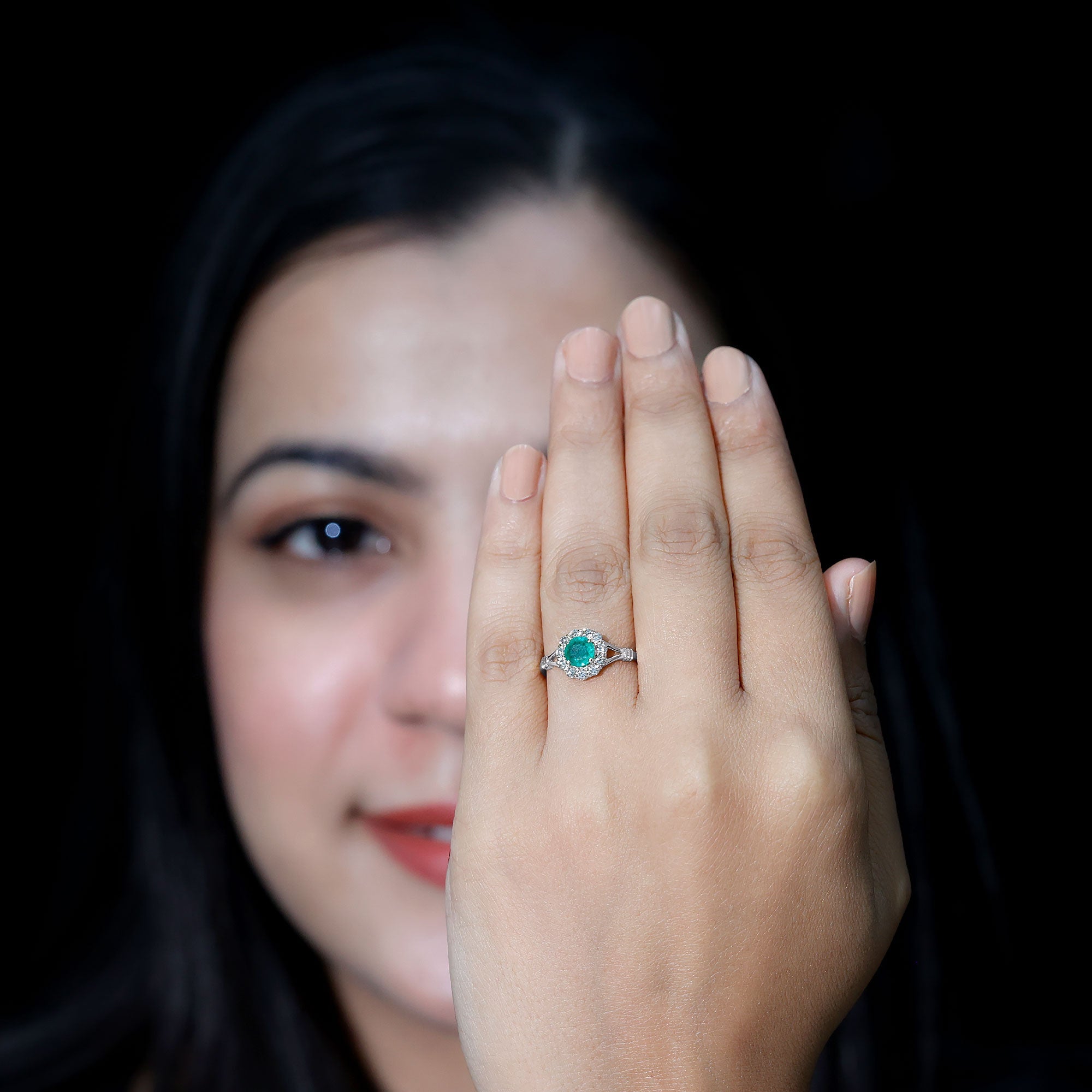 Emerald Engagement Ring - Nature Inspired Botanical Ring with Diamond Halo Setting