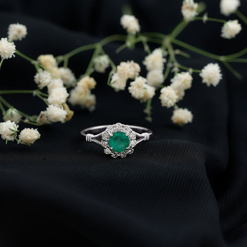 Emerald Engagement Ring - Nature Inspired Botanical Ring with Diamond Halo Setting