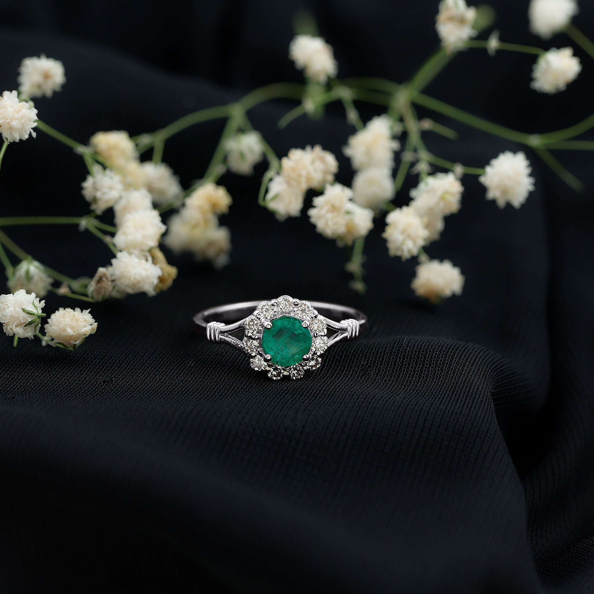 Emerald Engagement Ring - Nature Inspired Botanical Ring with Diamond Halo Setting