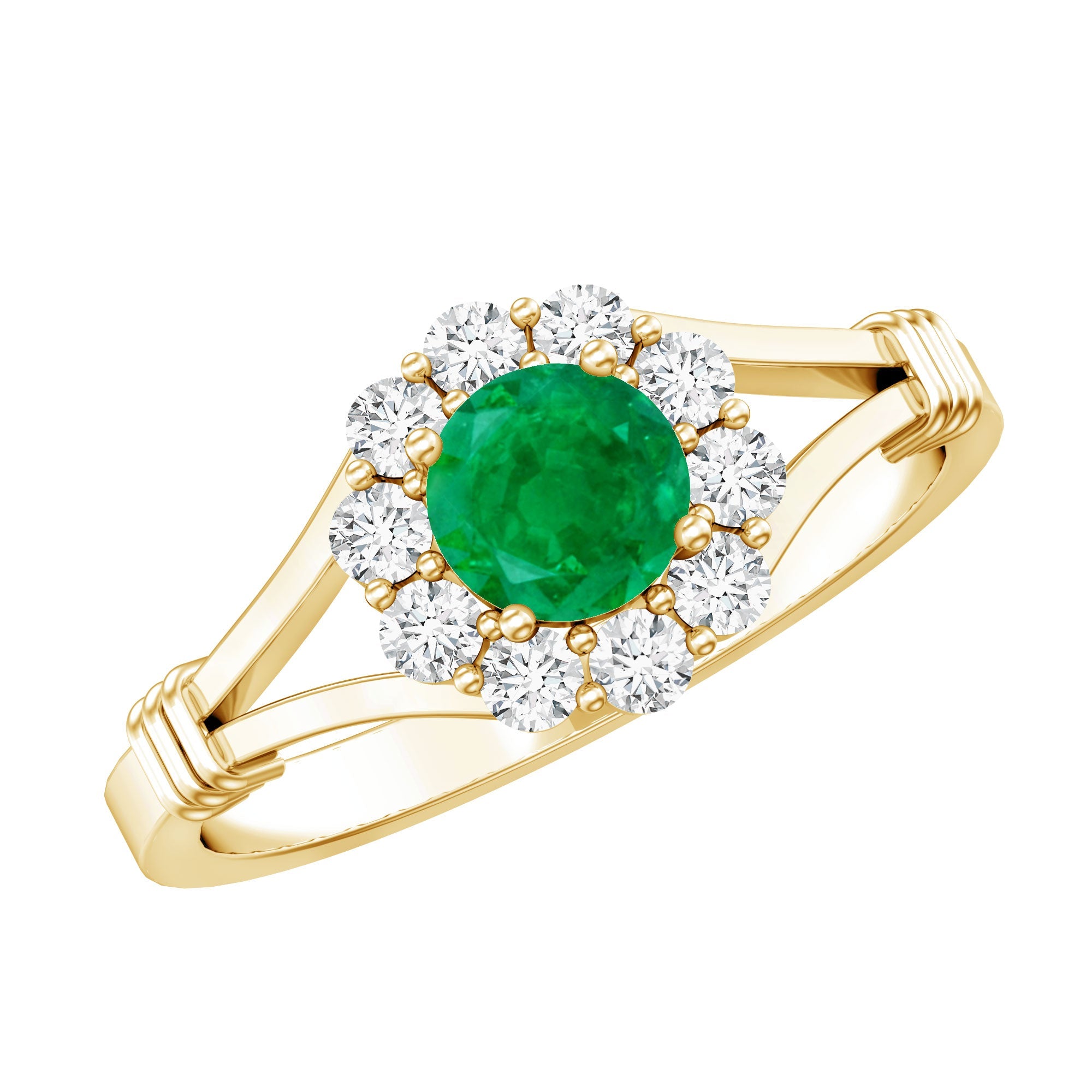 Emerald Engagement Ring - Nature Inspired Botanical Ring with Diamond Halo Setting