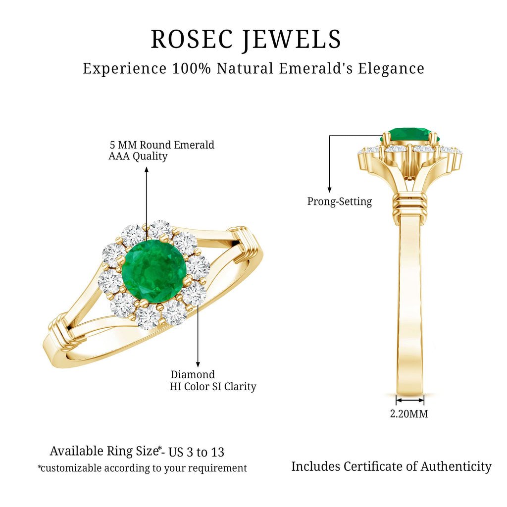 Emerald Engagement Ring - Nature Inspired Botanical Ring with Diamond Halo Setting