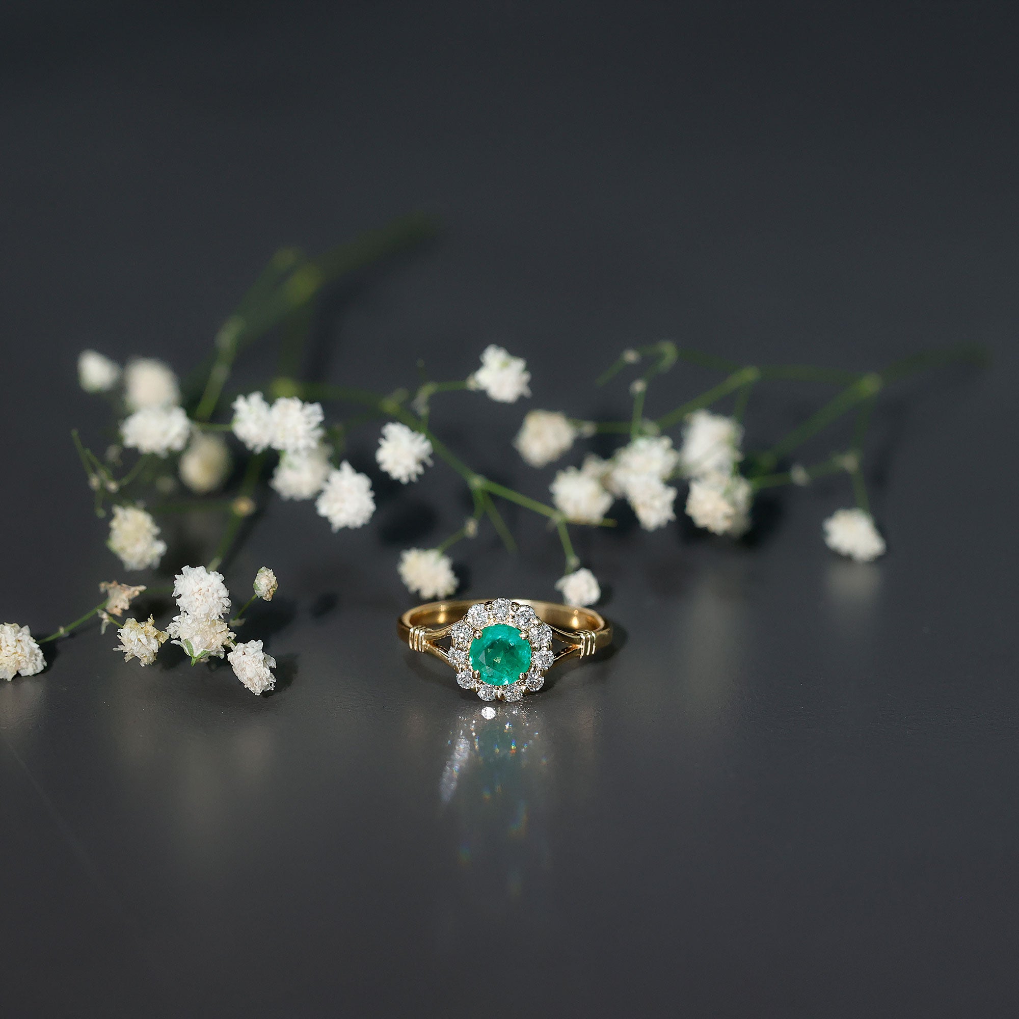 Emerald Engagement Ring - Nature Inspired Botanical Ring with Diamond Halo Setting