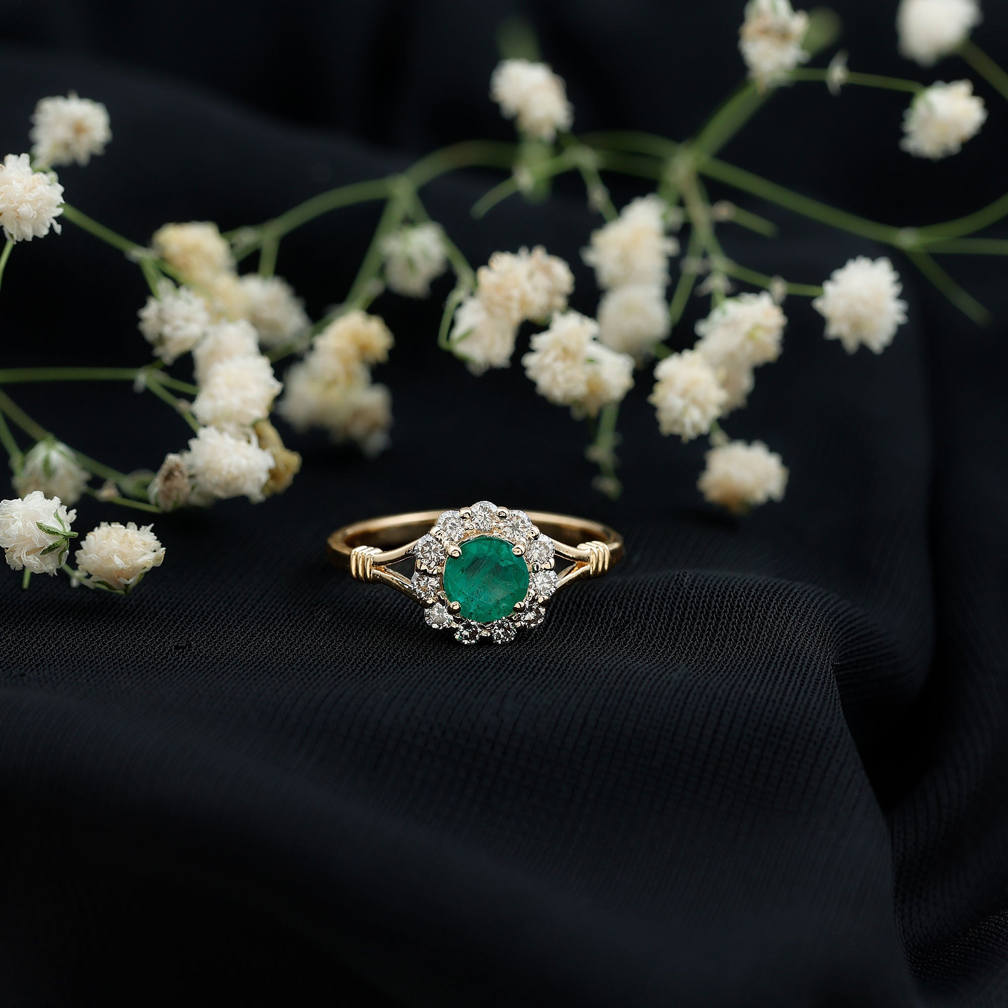 Emerald Engagement Ring - Nature Inspired Botanical Ring with Diamond Halo Setting