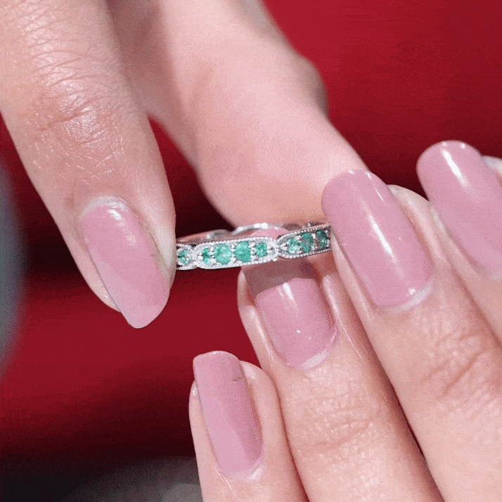 Emerald Eternity Band – Natural Emerald Wedding Ring With Milgrain Detail