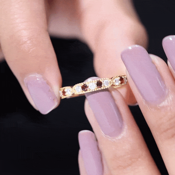 Vintage Garnet Ring – Full Eternity Band with Diamonds | Milgrain Detailing