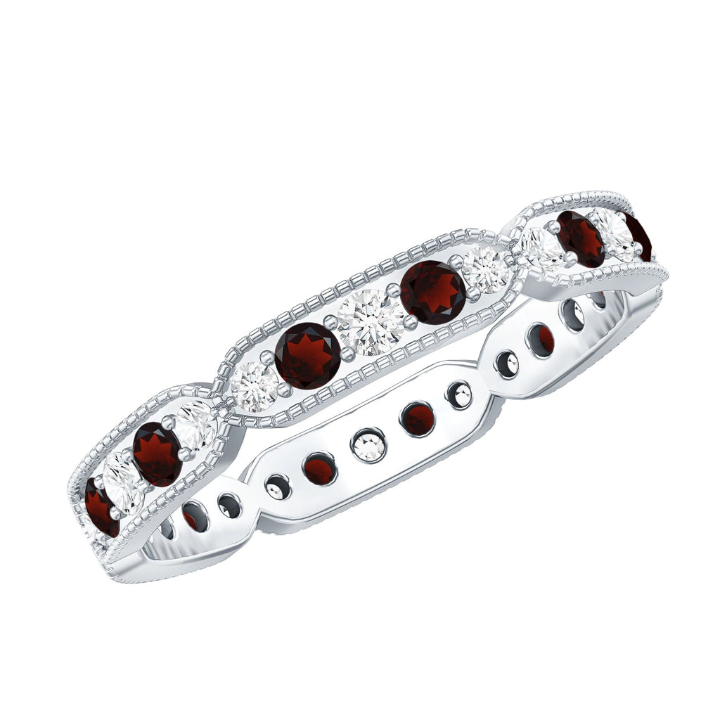 Vintage Garnet Ring – Full Eternity Band with Diamonds | Milgrain Detailing